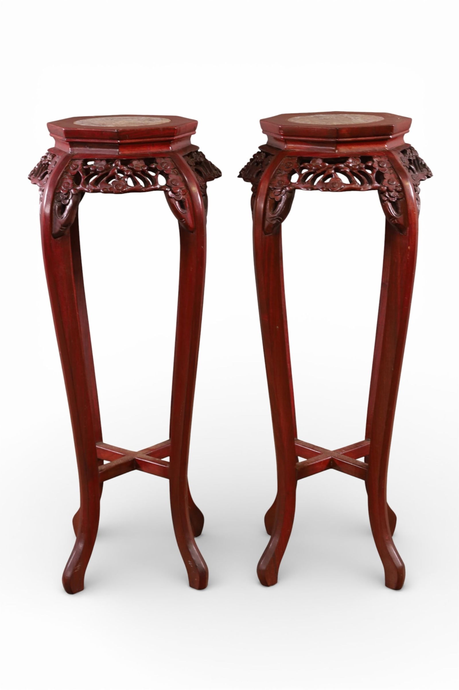 PAIR OF CHINESE PLANT STANDS: PAIR OF TALL CHINESE HARDWOOD PLANT STANDS, 10 1/2" DIAM TOP x 36"H . THIS ITEM EXCEEDS SIZE LIMITATIONS FOR IN HOUSE SHIPPING, MUST BE PICKED UP IN HOUSE OR SHIPPED VIA 3rd PARTY GROUND SHIPPER.