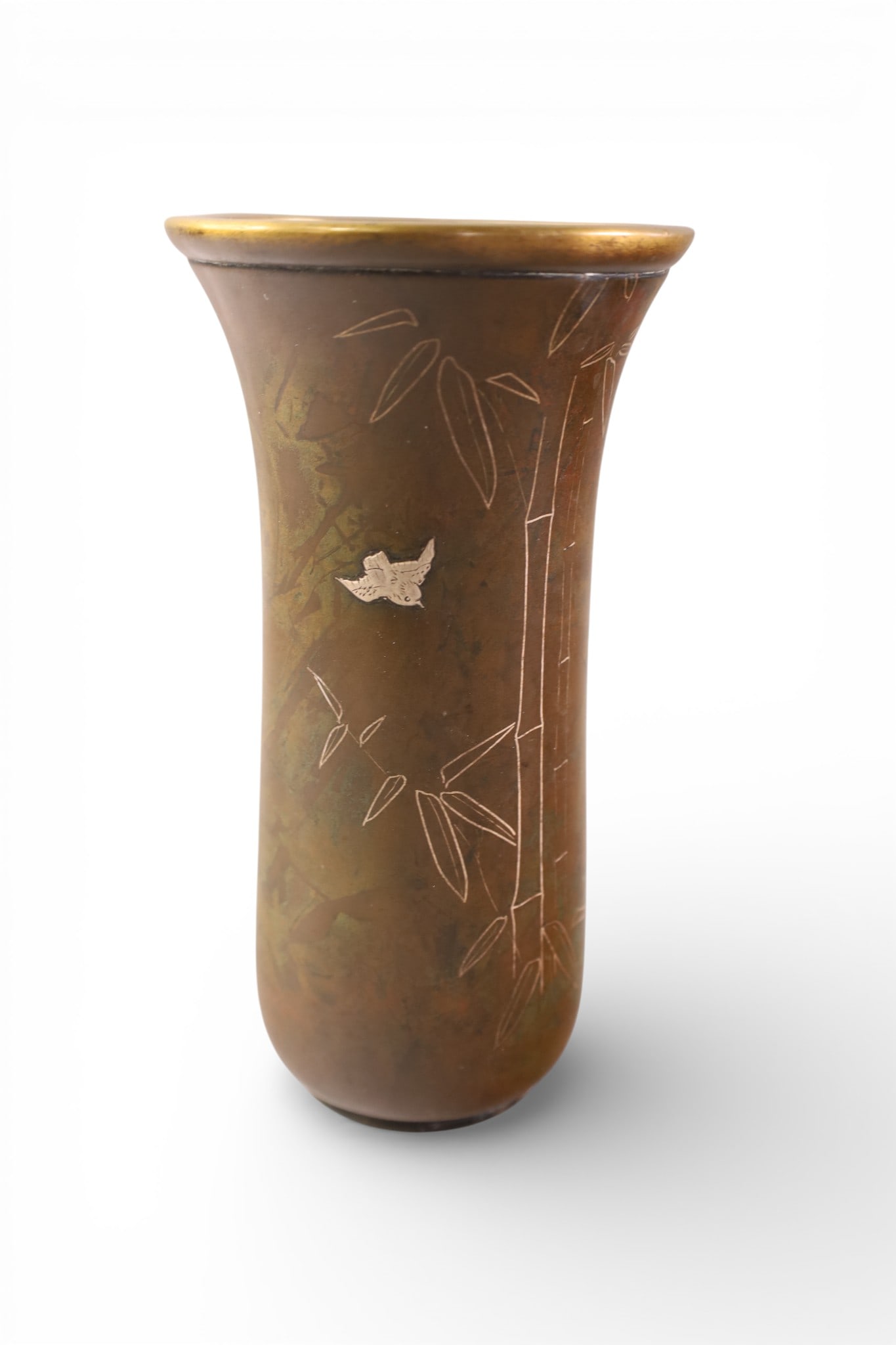 JAPANESE BRONZE VASE: MIXED METAL JAPANESE BRONZE VASE, BAMBOO AND BIRD DECORATED. 7 1/2" H.