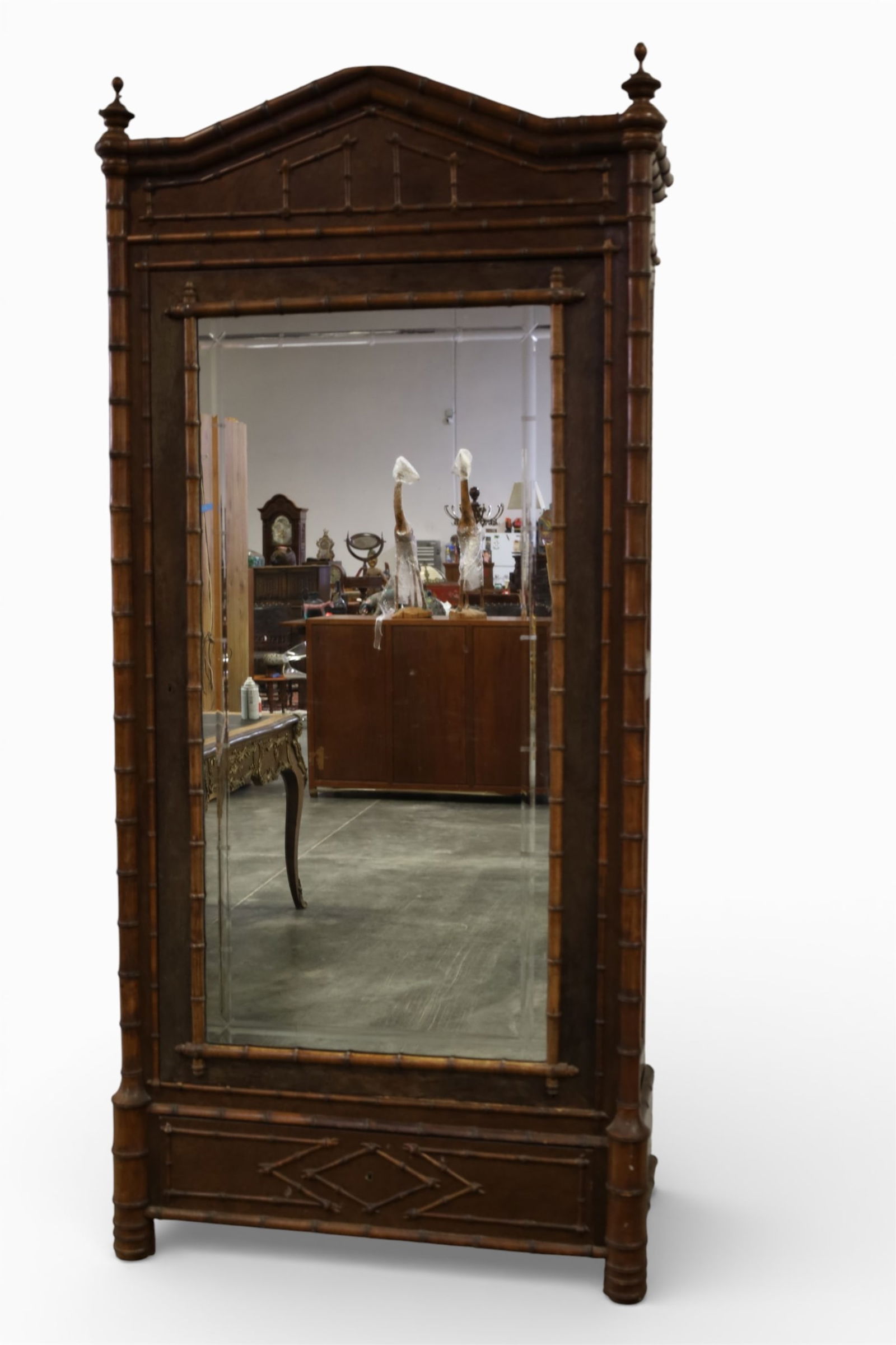 FAUX BAMBOO ARMOIRE: RJ HORNER? SINGLE DOOR FAUX BAMBOO ARMOIRE, BEVELED GLASS. LOWER DRAWER. REPLACED BACK PANEL. 41" W x 19" D x 90" H. THIS ITEM EXCEEDS SIZE LIMITATIONS FOR IN HOUSE SHIPPING, MUST BE PICKED UP IN