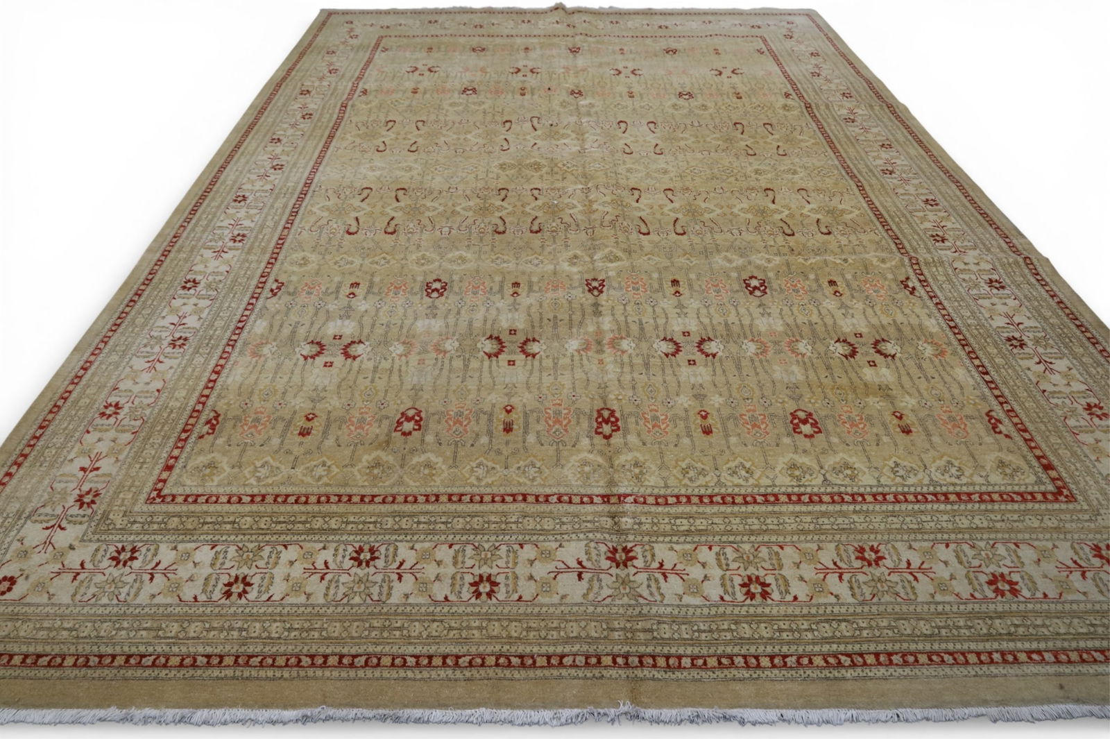APPROX 10' 1" x 14' 2" HANDMADE WOOL RUG: LARGE ROOMSIZE HANDMADE WOOL RUG.