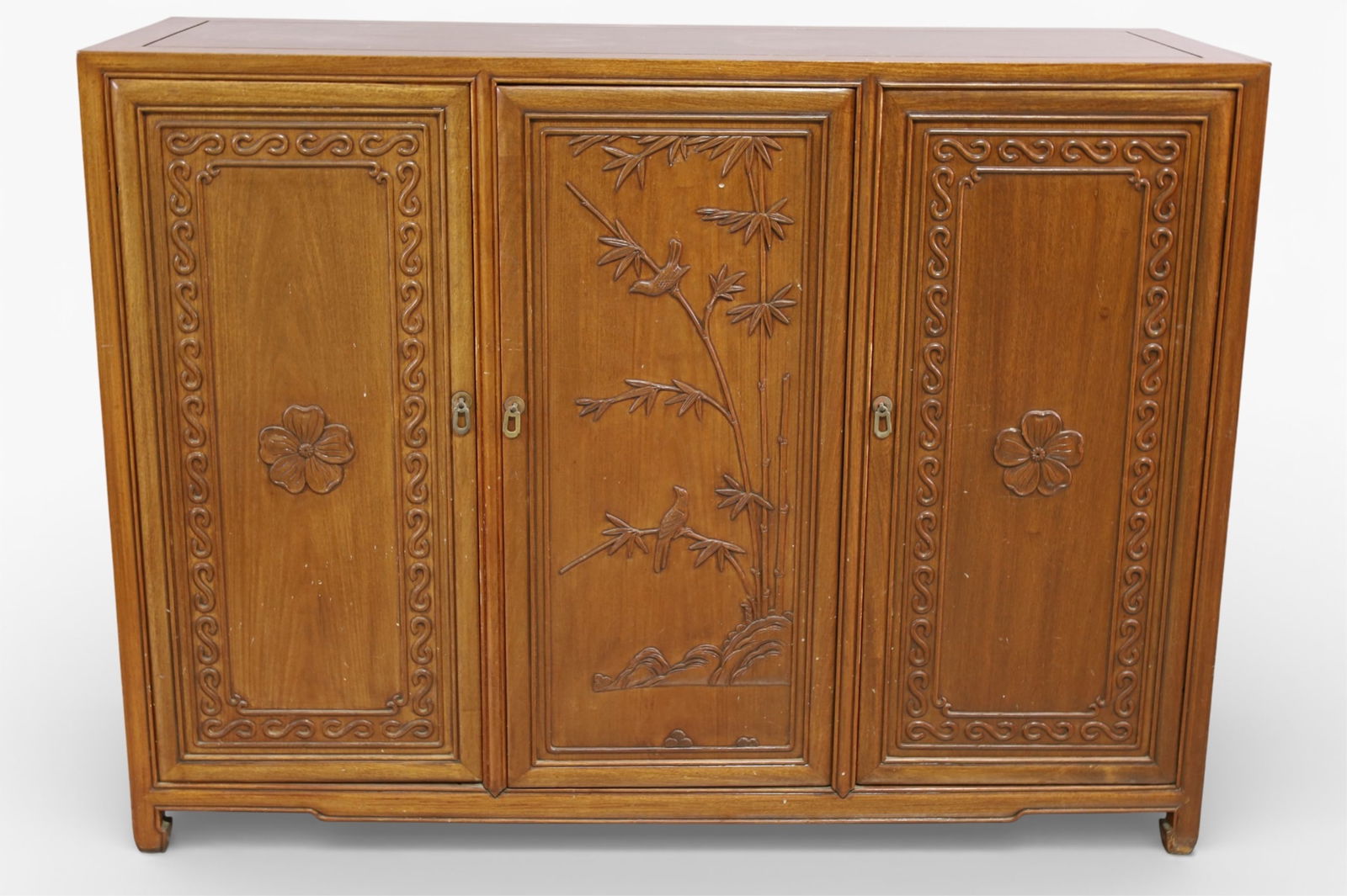 CHINESE BUFFET: CHINESE HARDWOOD BUFFET, FITTED INTERIOR, CARVED FRONT. 54" W x 20" D x 40" H. THIS ITEM EXCEEDS SIZE LIMITATIONS FOR IN HOUSE SHIPPING, MUST BE PICKED UP IN HOUSE OR SHIPPED VIA 3rd PARTY GROUND 