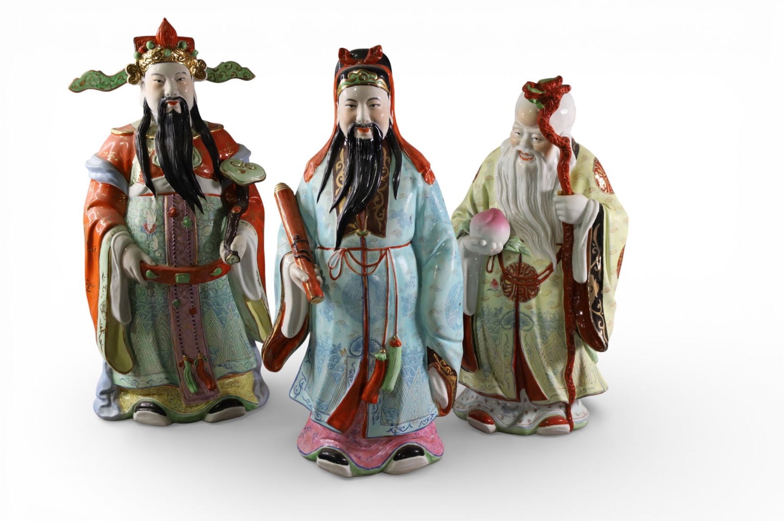 3 CHINESE FIGURES: 3 CHINESE PORCELAIN FIGURES, PAINTED CHINESE PORCELAIN FIGURES. 21" H.