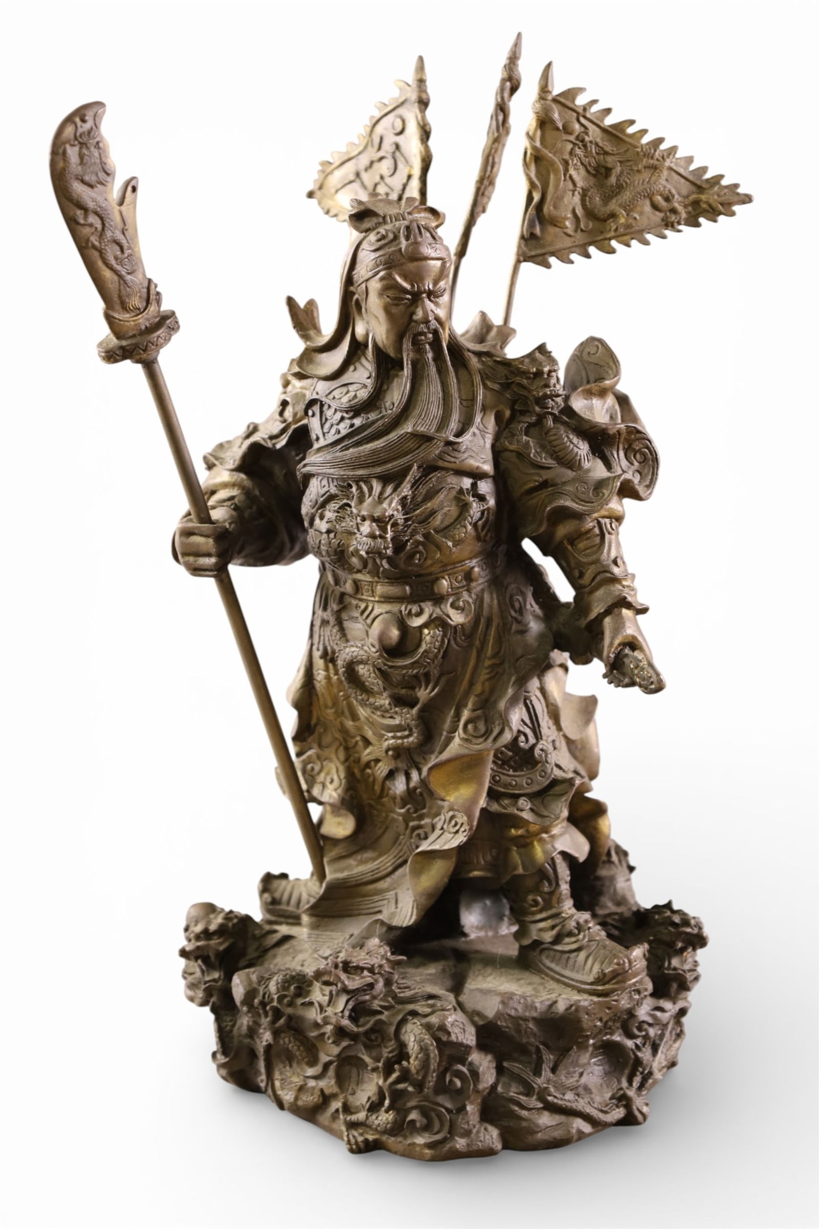 BRONZE WARRIOR FIGURE: BRONZE CHINESE WARRIOR, GUAN YU. BRONZE FIGURE. 12" H.