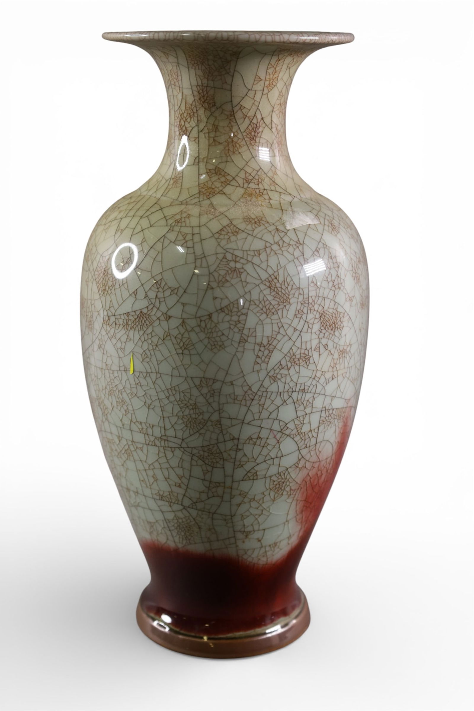 CHINESE PORCELAIN VASE: SMALL CHIENSE CRACKLE GLAZE PORCELAIN VASE, SIGNED ON BASE. 13" H.
