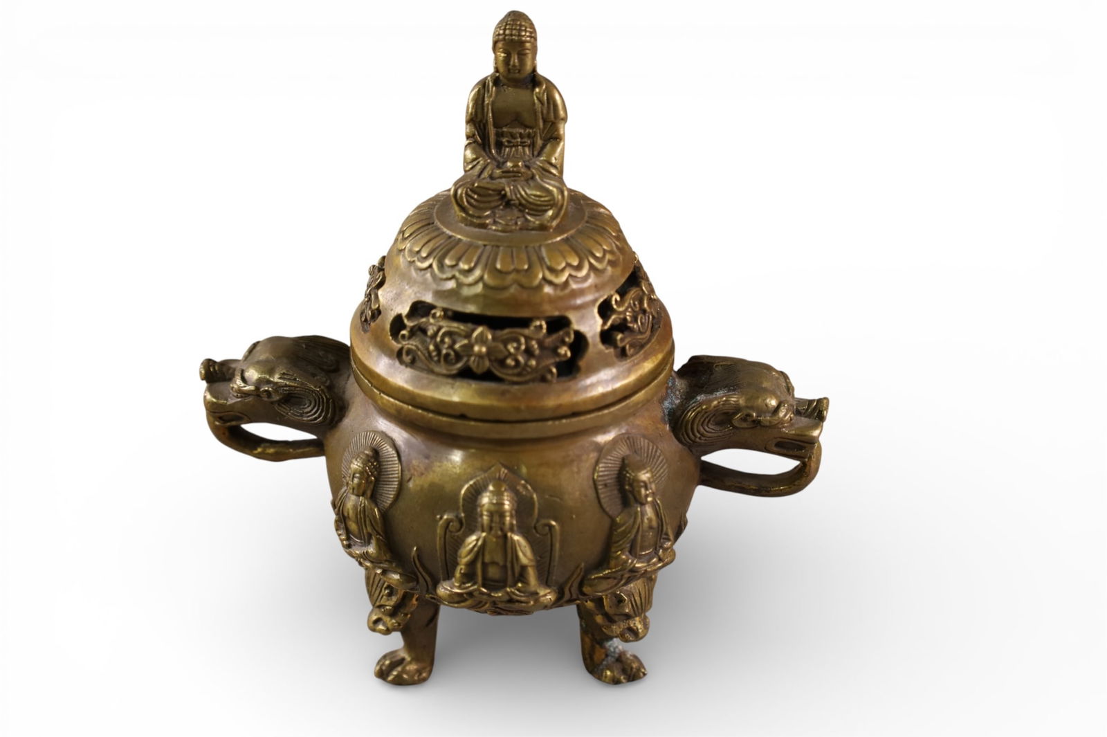 CHINESE INCENSE BURNER: WITH SEATED BUDDHA LID, CHINESE BRONZE INCENSE BURNER, 5 1/2" W x 6" H