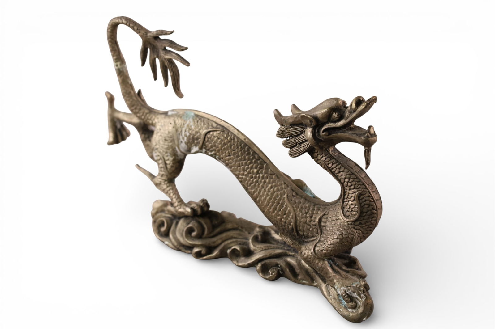 DRAGON STATUE: TABLE TOP DRAGON STATUE, SILVER GILT. 9" W x 6" H.