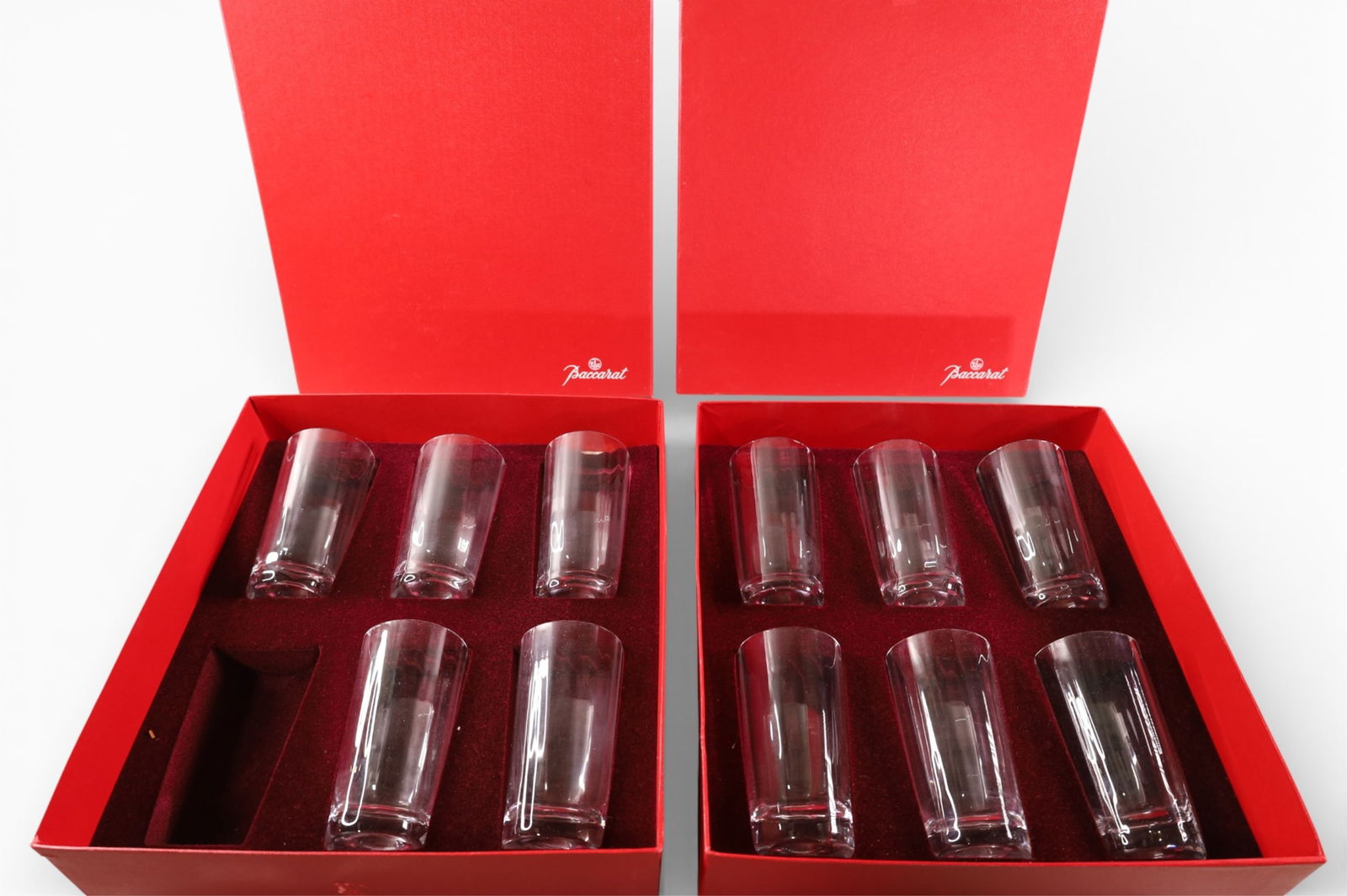 11 BACCARAT HI BALL GLASSES: 2 BOX SET 11 BACCARAT HI BALL GLASSES, MISSING ONE! 5 1/2" H.