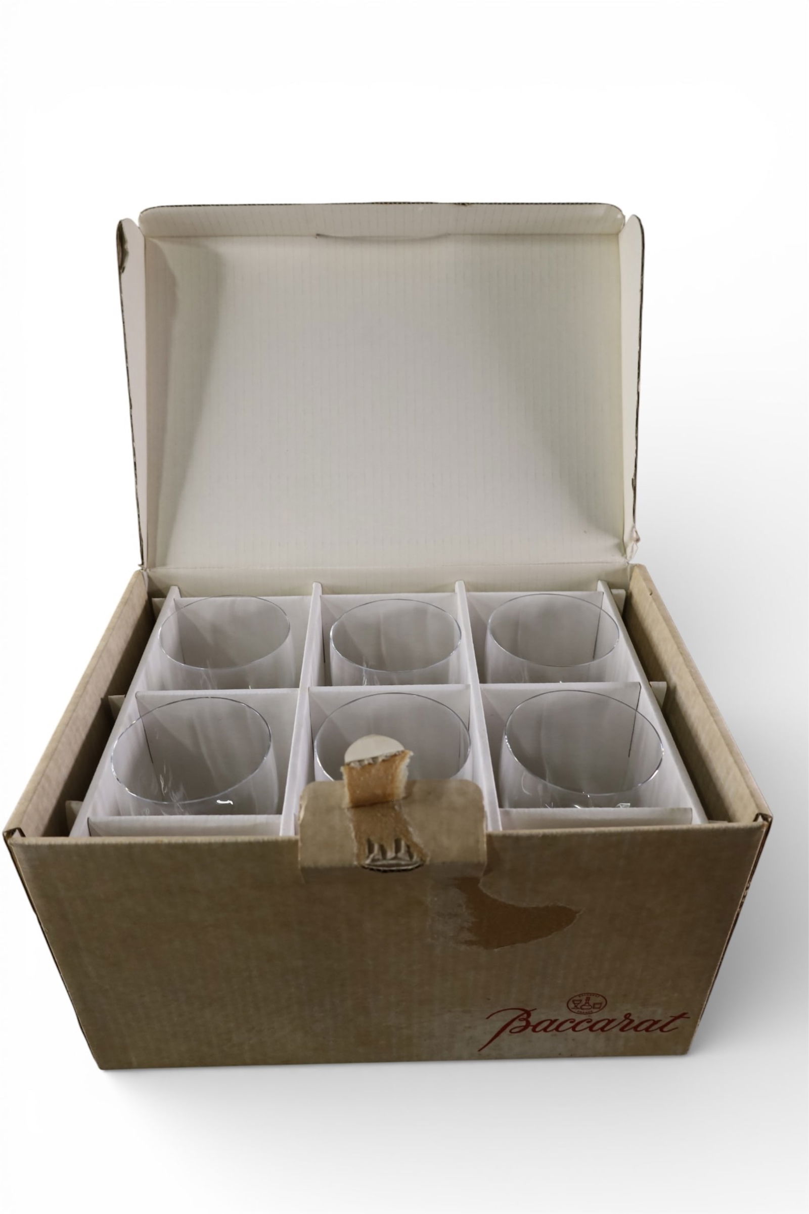 6 BACCARAT WINE GLASSES: BACCARAT MONTAIGNE OPTIC CRYSTAL WINE GLASSES. IN BOX. 7" H.