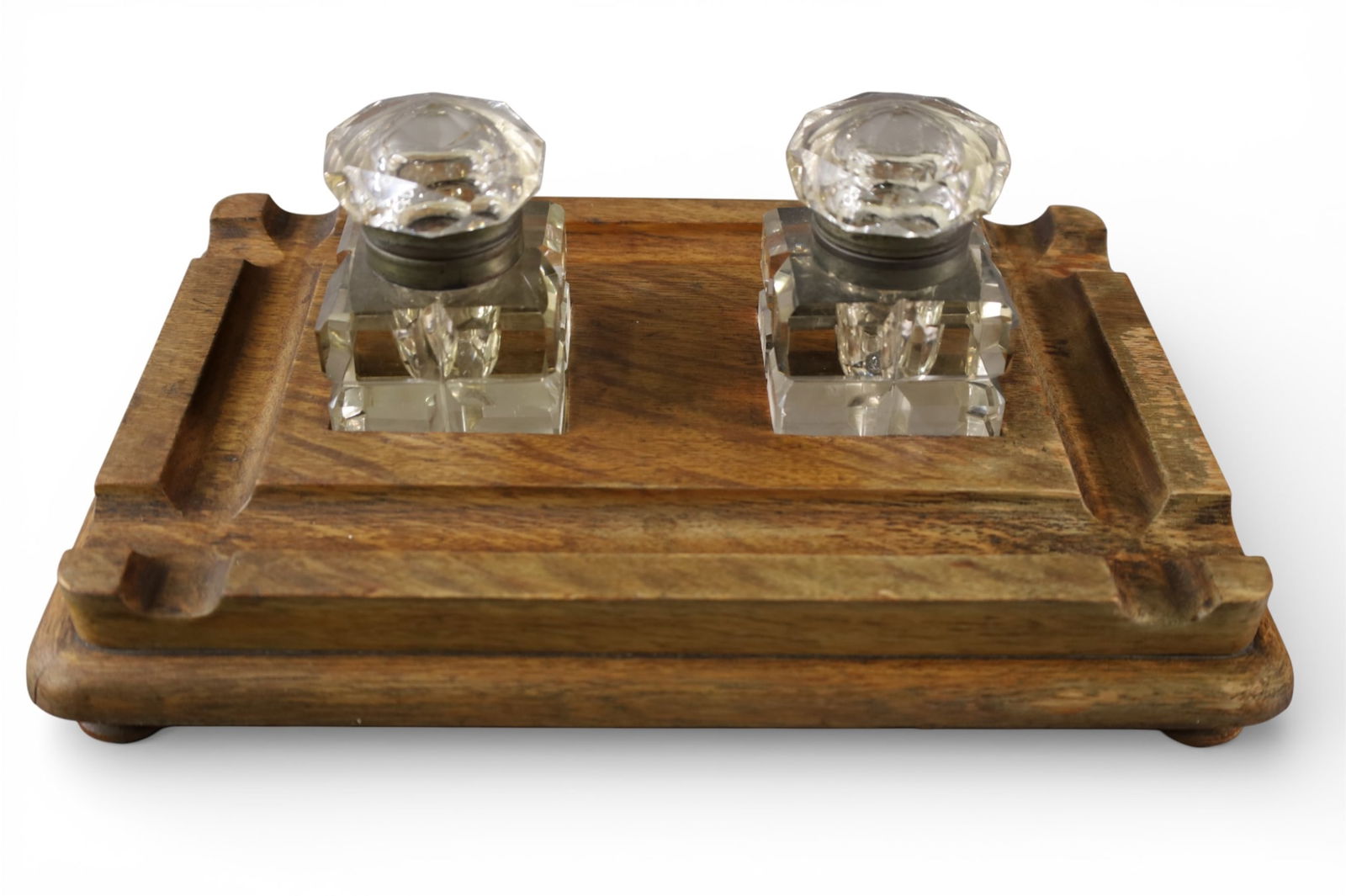 ANTIQUE DOUBLE INKWELL: LARGE OAK BASE DOUBLE INKWELL, 15" W x 10" D.