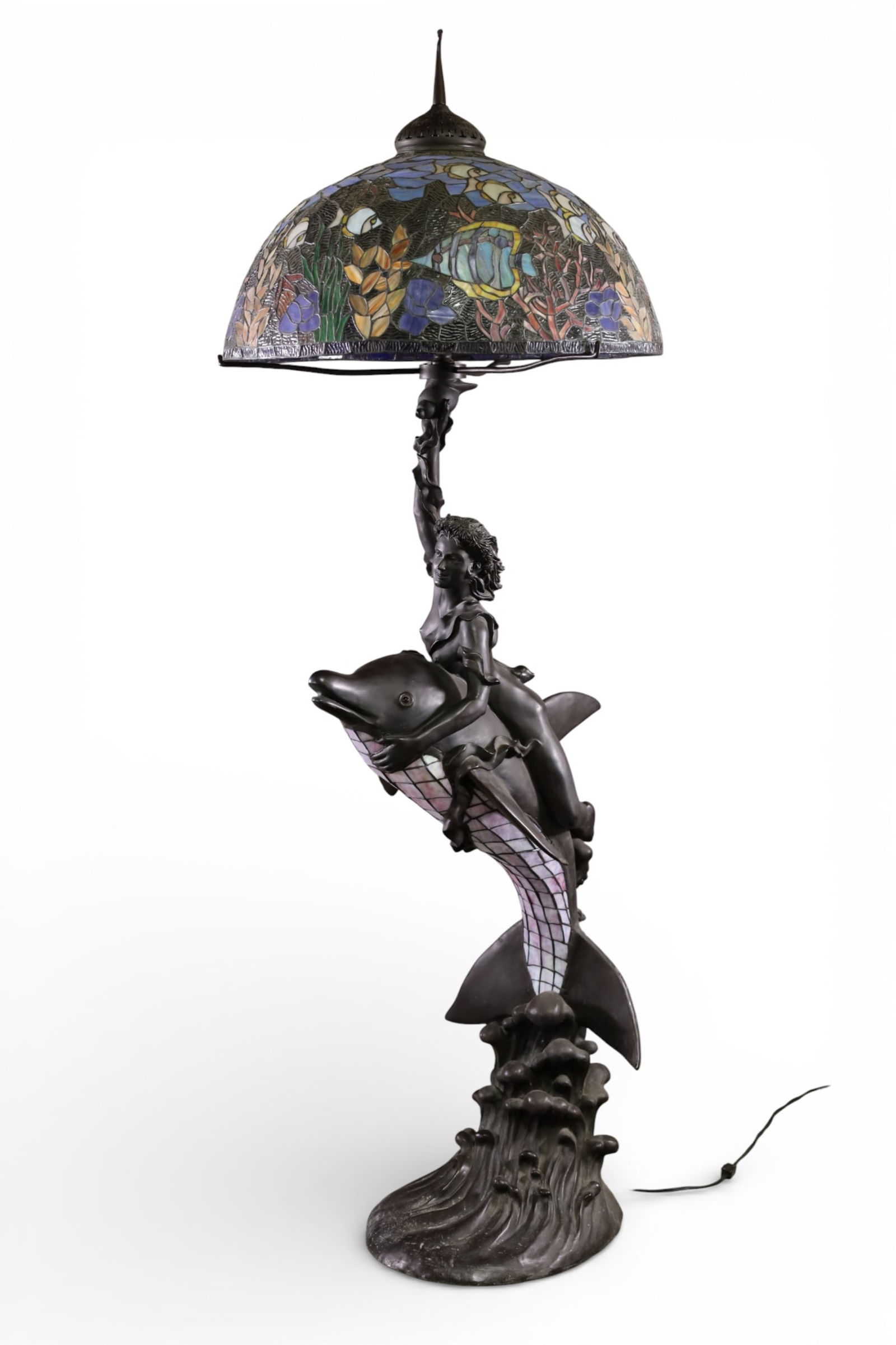 MONUMENTAL LEADED GLASS FLOOR LAMP: LARGE BRONZE FLOOR LAMP OF WOMAN ON DOLPHIN, WITH MONUMENTAL LEADED GLASS SHADE, FLORAL DECORATED SHADE. 28" DIAM x 83" H. THIS ITEM EXCEEDS SIZE LIMITATIONS FOR IN HOUSE SHIPPING, MUST BE PICKED 