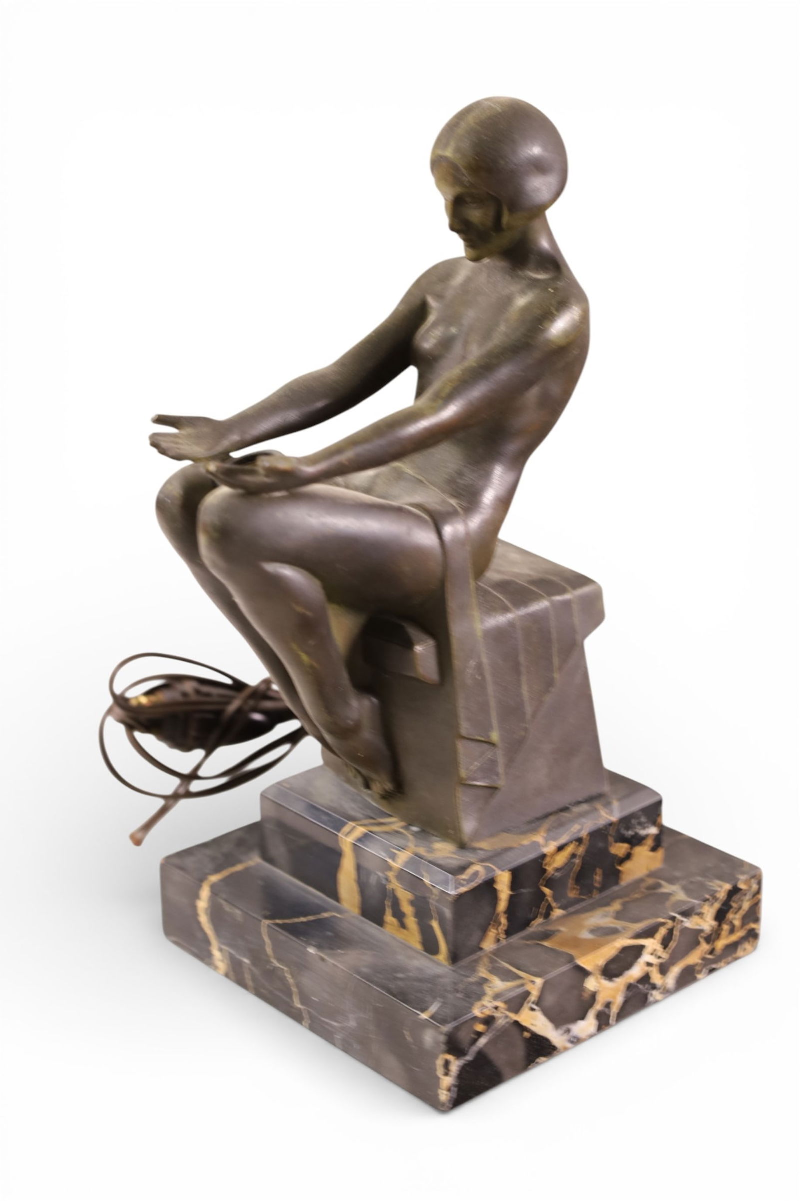 FRENCH ART DECO TABLE LAMP: SIGNED M. LE VERRIER, ON MARBLE BASE, FRENCH ART DECO TABLE LAMP, SMALL CHIPS TO BASE, 9 1/2" H.