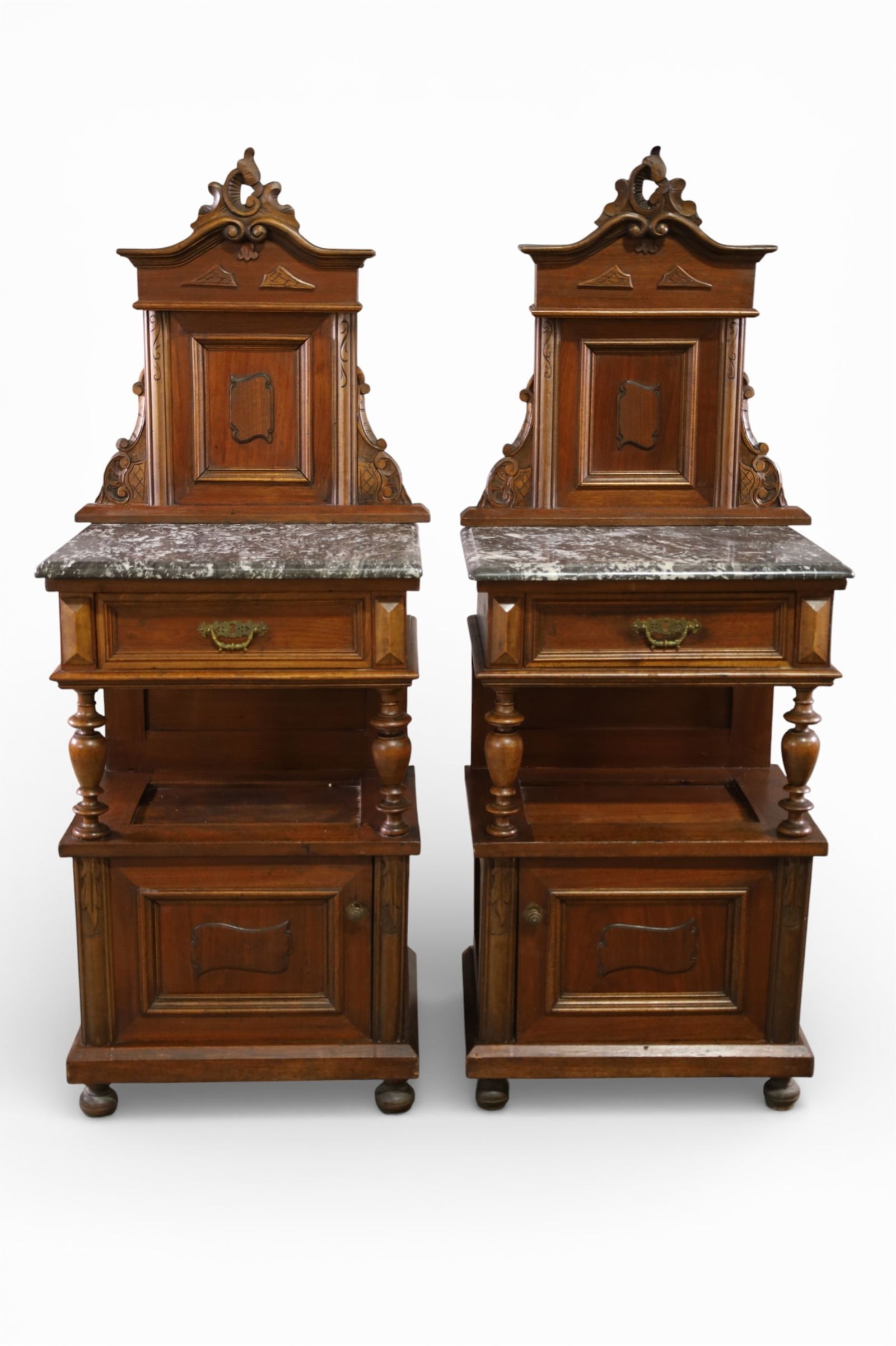 PAIR OF VICTORIAN NIGHTSTANDS: PAIR OF MARBLE TOP VICTORIAN NIGHTSTANDS, LOWER DOOR, SINGLE DRAWER, 21" W x 16" D x 53" H. THIS ITEM EXCEEDS SIZE LIMITATIONS FOR IN HOUSE SHIPPING, MUST BE PICKED UP IN HOUSE OR SHIPPED VIA 3rd