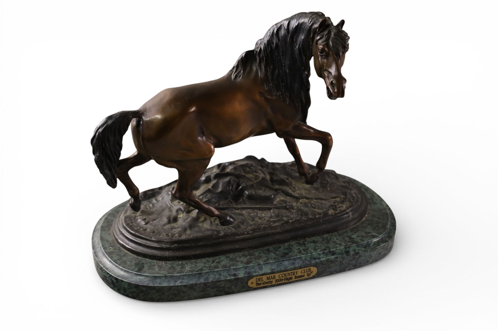 BRONZE HORSE: DEL MAR COUNTRY CLUB BRONZE HORSE SCULPTURE, ON MARBLE BASE, AFTER PIERRE JULES MENE. TITLED STALLION. 16" W x 12 1/2" H.