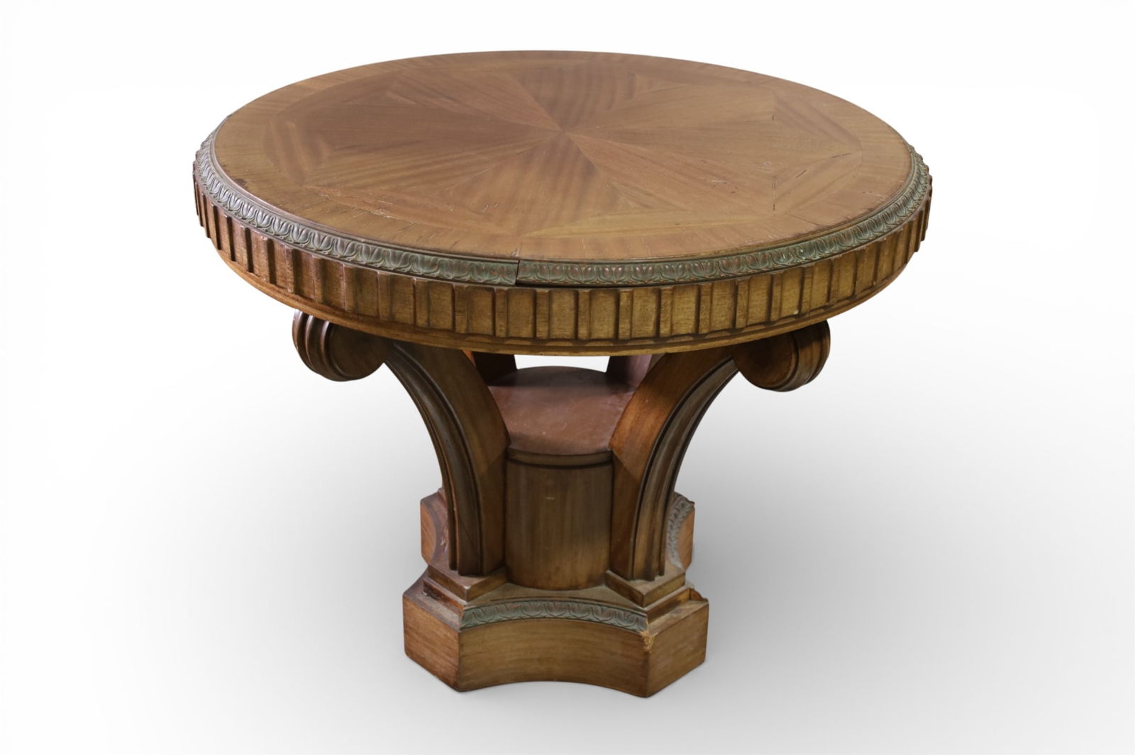 LARGE ART DECO CENTER TABLE: INLAID CENTER TABLE, MISSING MOULDING, WEAR TO FINISH. 37" DIAM x 30" H.