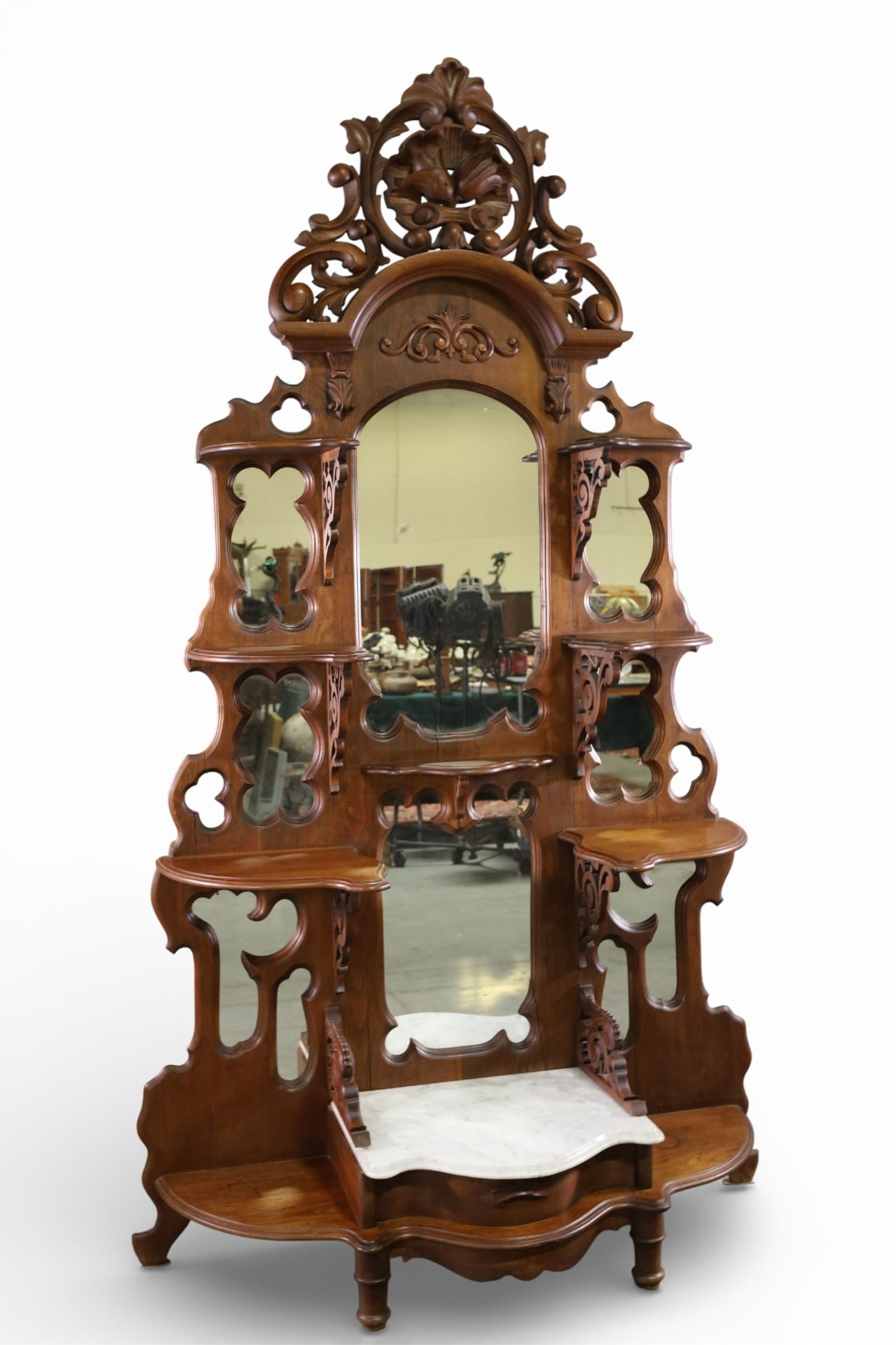 LARGE VICTORIAN ETAGERE: LARGE VICTORIAN ETAGERE, LOWER MARBLE TOP, MIRRORED BACK. 53" W x 20" D x 92" H. THIS ITEM EXCEEDS SIZE LIMITATIONS FOR IN HOUSE SHIPPING, MUST BE PICKED UP IN HOUSE OR SHIPPED VIA 3rd PARTY