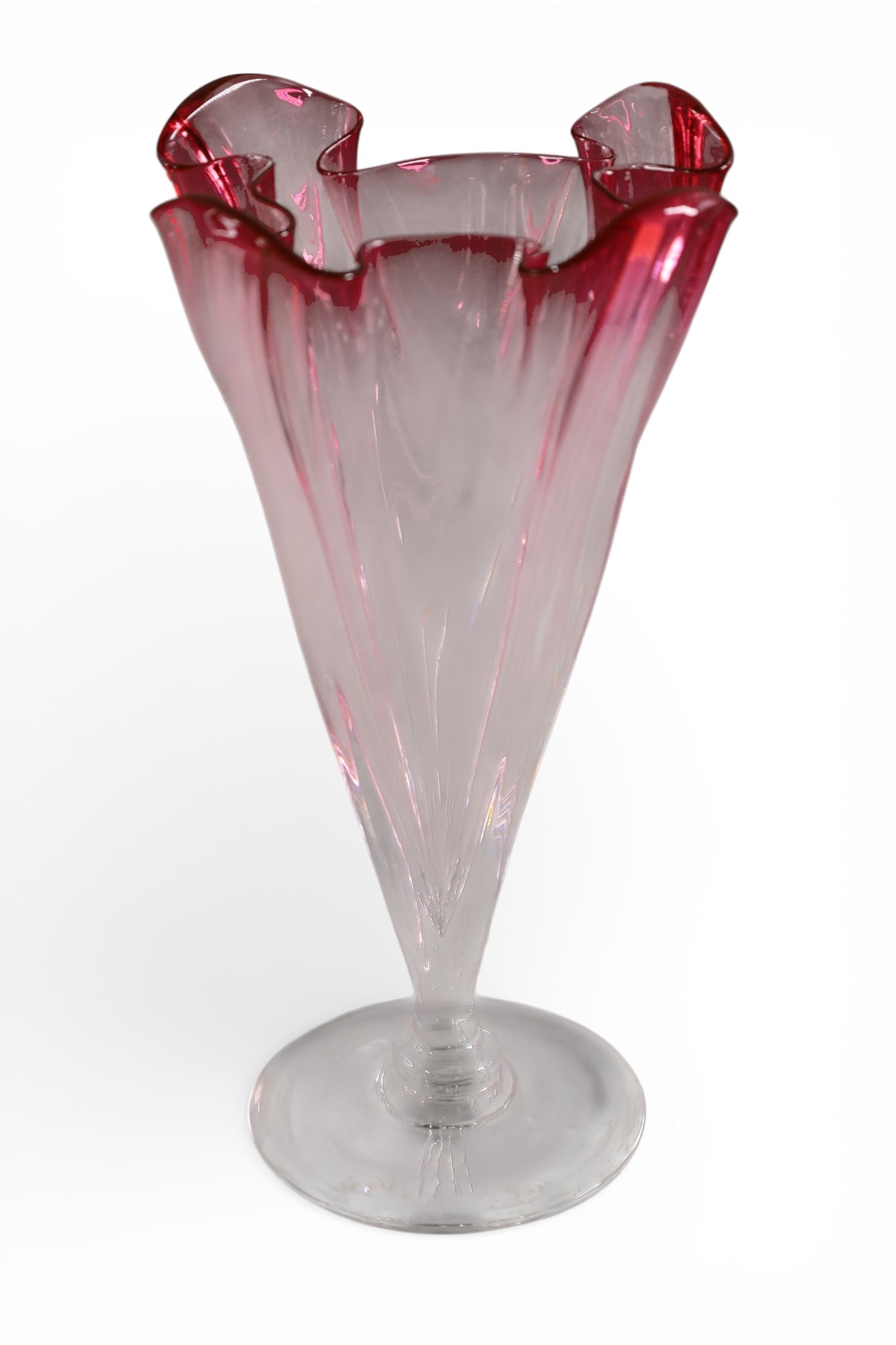STEUBEN GROTESQUE VASE: STEUBEN ART GLASS GROTESQUE CRANBERRY TO CLEAR FOOTED VASE. 11 1/2" H.