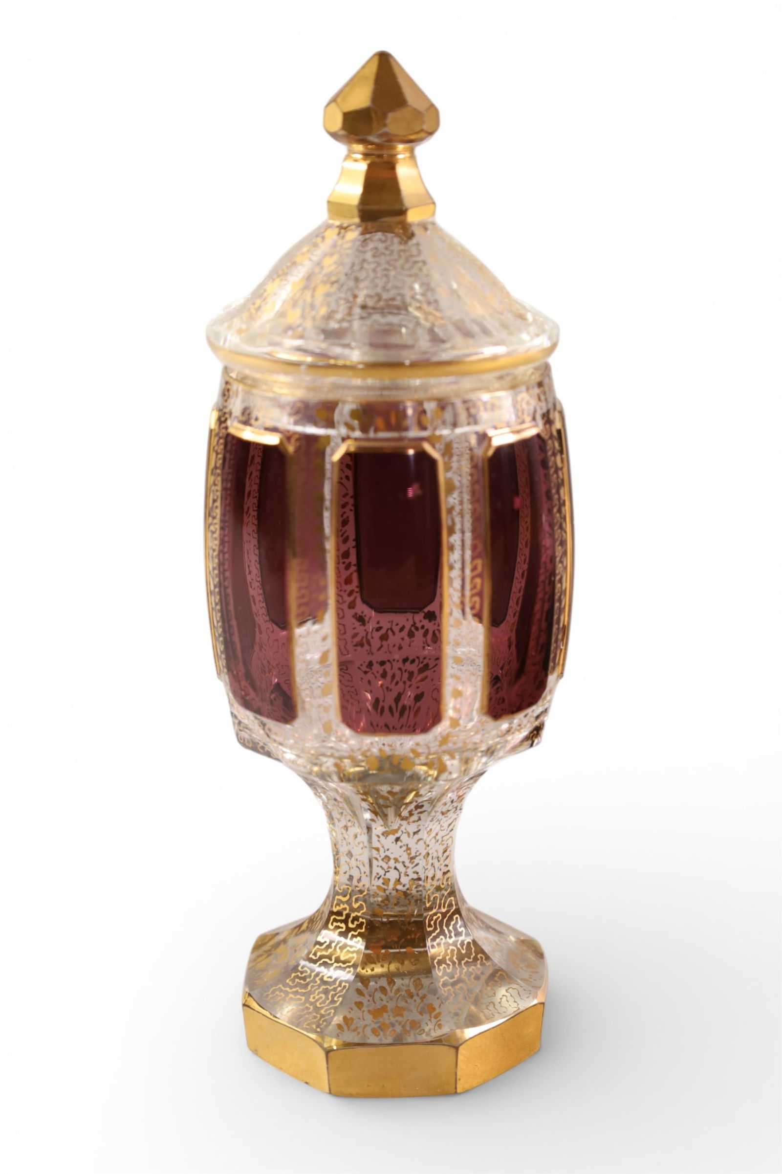 MOSER LIDDED VASE: UNSIGNED MOSER LIDDED VASE, SMALL CHIP TO LID. 9 1/2" H.