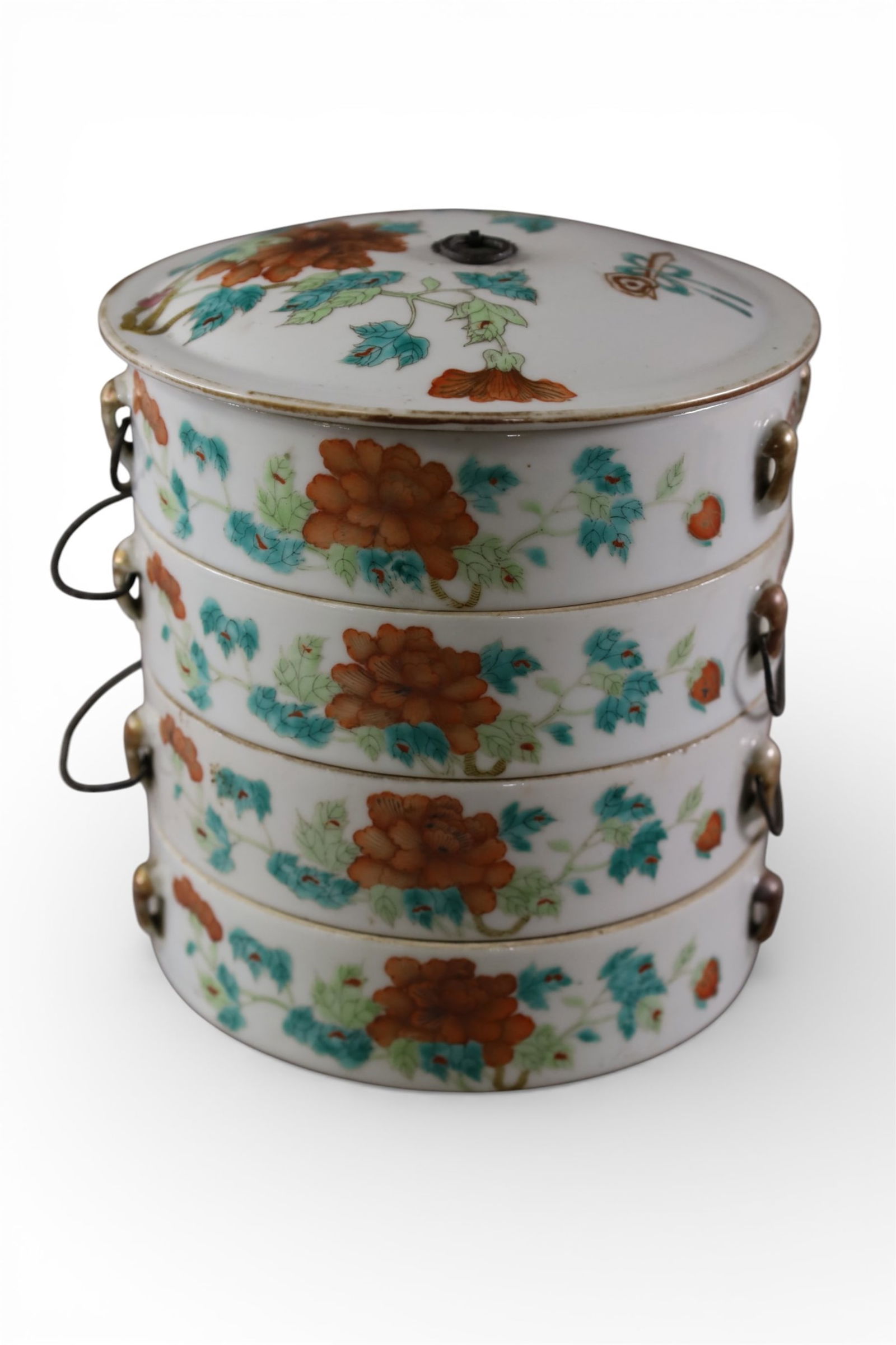 CHINESE PORCELAIN FOOD CONTAINER: STACKING 4 TIER CHINESE PORCELAIN FOOD CONTAINER, OR TINGKAT, 6 1/2" DIAM x 8 1/2" H.