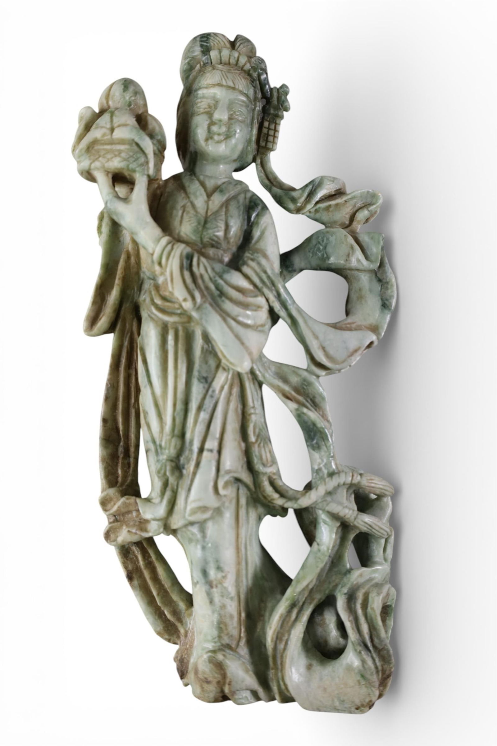 CHINESE CARVED STONE FIGURE: GUAN YIN CHINESE HARD STONE CARVED FIGURE, 13" H.