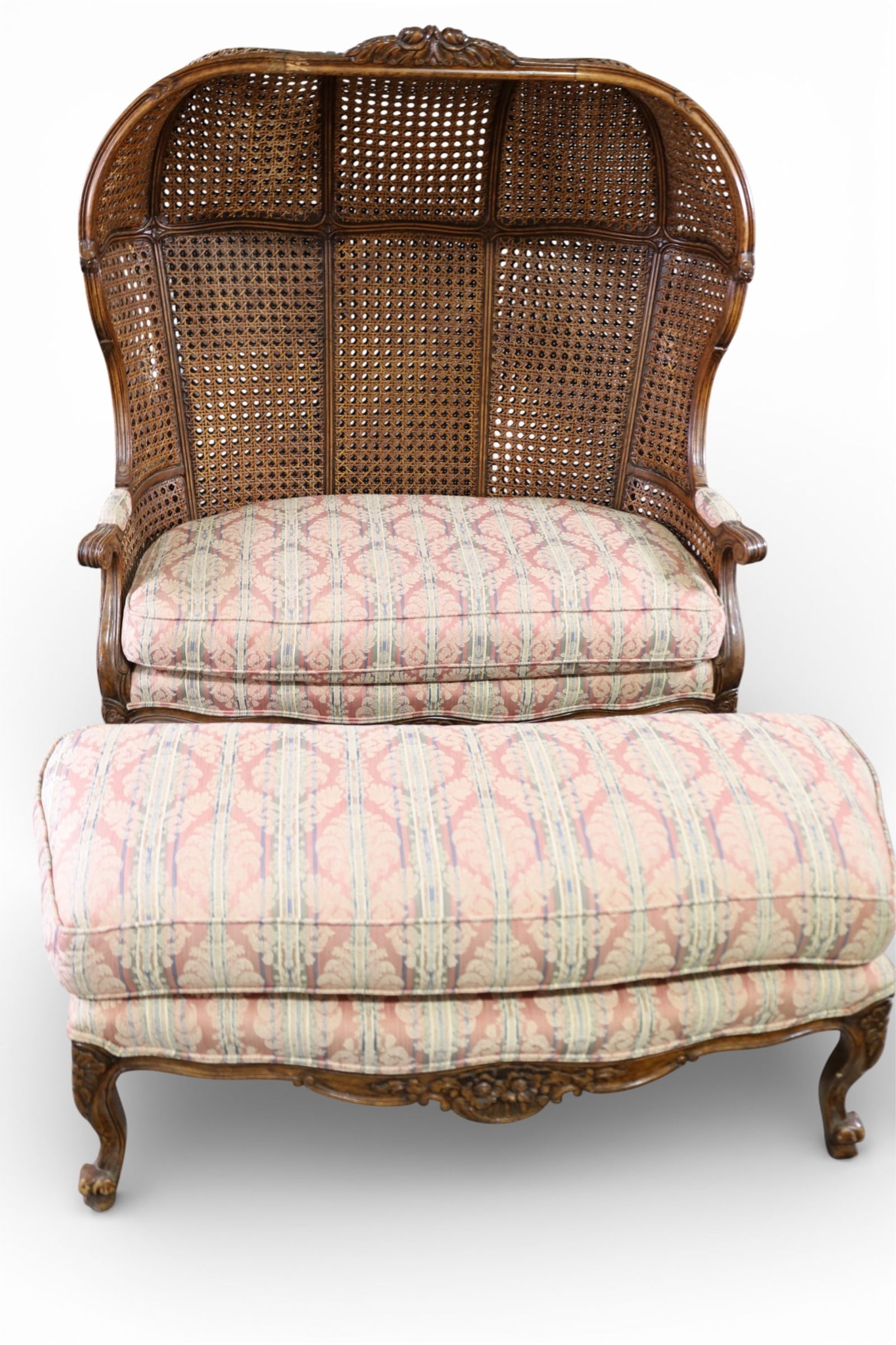 LARGE CANOPY SETTEE & FOOTSTOOL: LARGE CANED CANOPY SETTEE, LOUIS XV STYLE PORTERS SETTEE. DAMAGE TO CANE, HOLES. 50" W x 28" D x 57" H. THIS ITEM EXCEEDS SIZE LIMITATIONS FOR IN HOUSE SHIPPING, MUST BE PICKED UP IN HOUSE OR 
