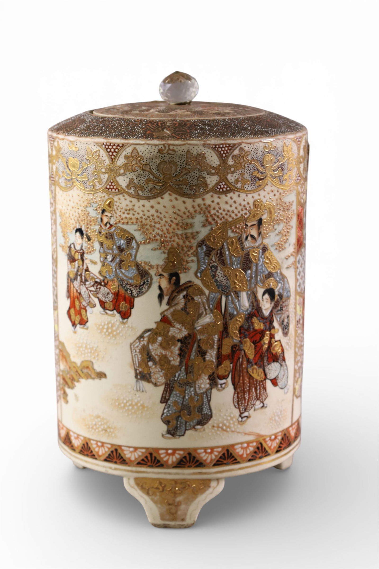 SATSUMA LIDDED JAR: LARGE SATSUMA LIDDED JAR, REPLACED HANDLE ON LID. 12" H.