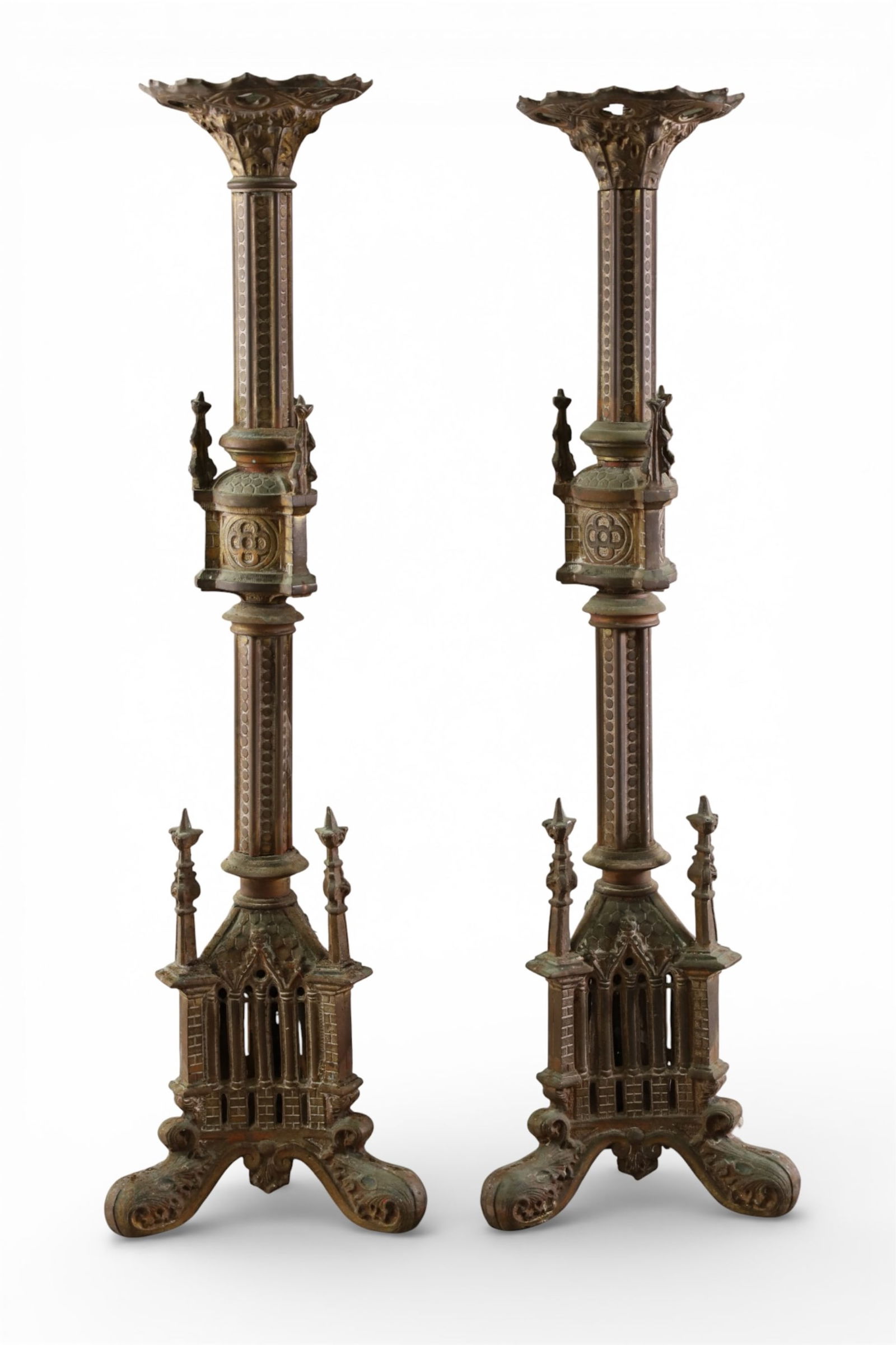 PAIR OF CANDLESTICKS: PAIR OF GOTHIC STYLE CANDLESTICKS, 20" H.