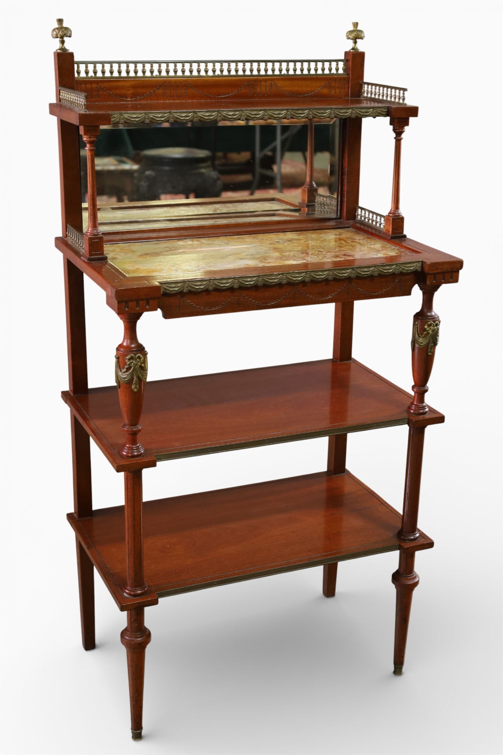 19TH CENTURY MARBLE TOP ETAGERE: 4 TIER, MIRRORED BACK, MARBLE TOP ETAGERE, 23" W x 15" D x 47" H. THIS ITEM EXCEEDS SIZE LIMITATIONS FOR IN HOUSE SHIPPING, MUST BE PICKED UP IN HOUSE OR SHIPPED VIA 3rd PARTY GROUND SHIPPER.