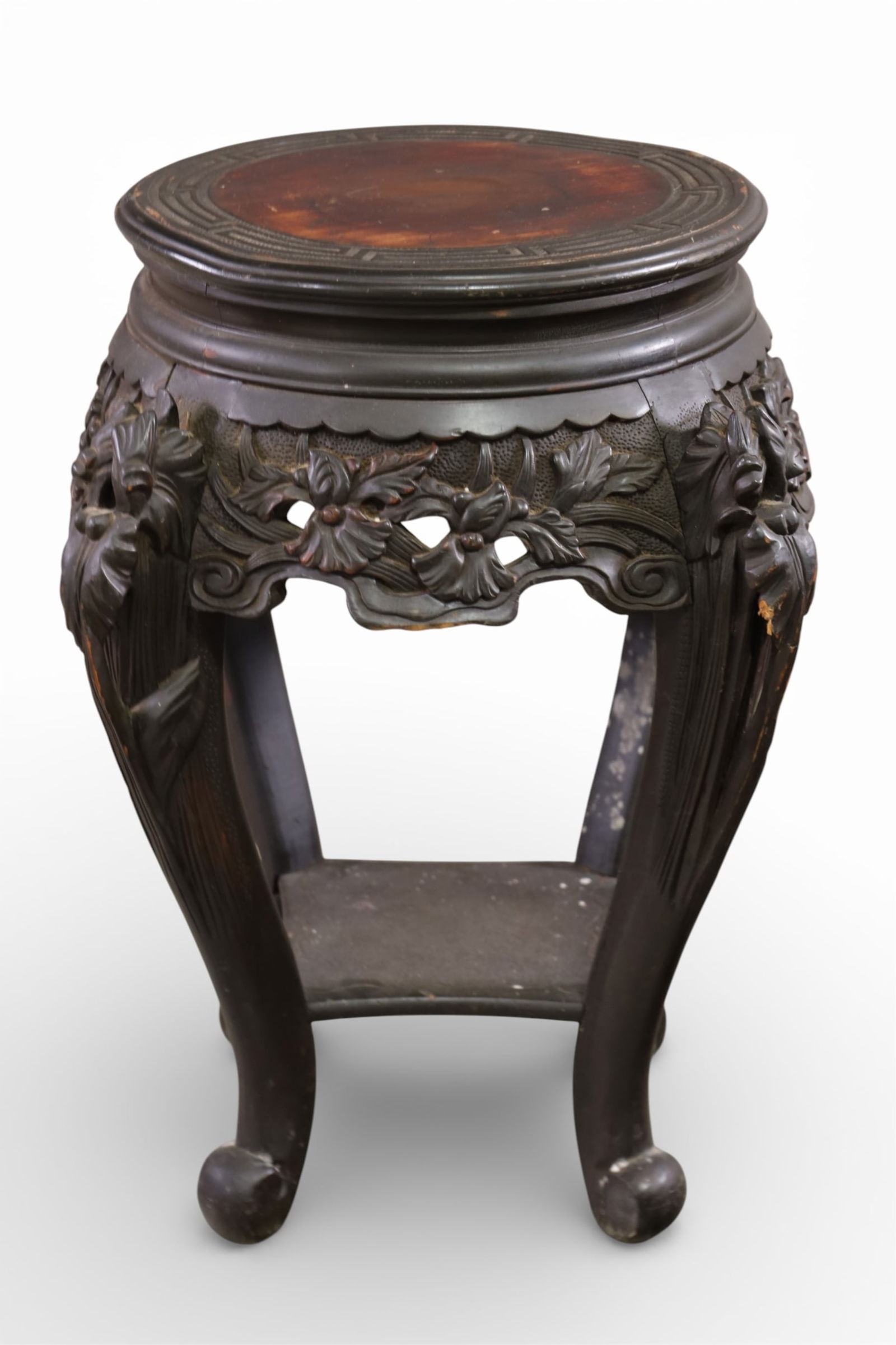 CHINESE SIDE TABLE: SMALL CARVED CHINESE SIDE TABLE, 14" DIAM x 24" H. THIS ITEM EXCEEDS SIZE LIMITATIONS FOR IN HOUSE SHIPPING, MUST BE PICKED UP IN HOUSE OR SHIPPED VIA 3rd PARTY GROUND SHIPPER.