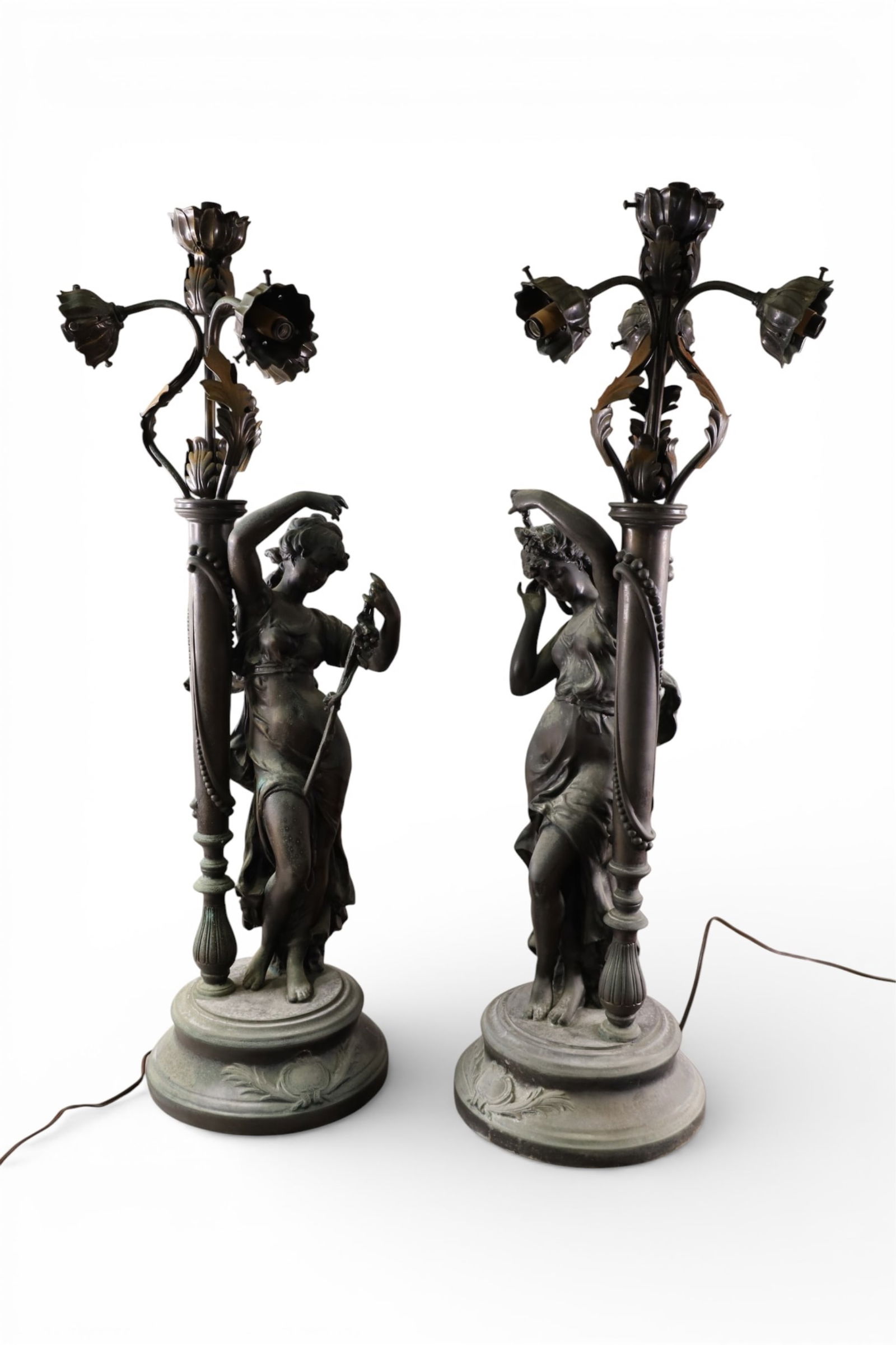 PAIR OF FIGURAL TABLE LAMPS: PAIR OF FIGURAL SPELTER TABLE LAMPS, NO SHADES. WEAR TO SURFACES. 33 1/2" H.