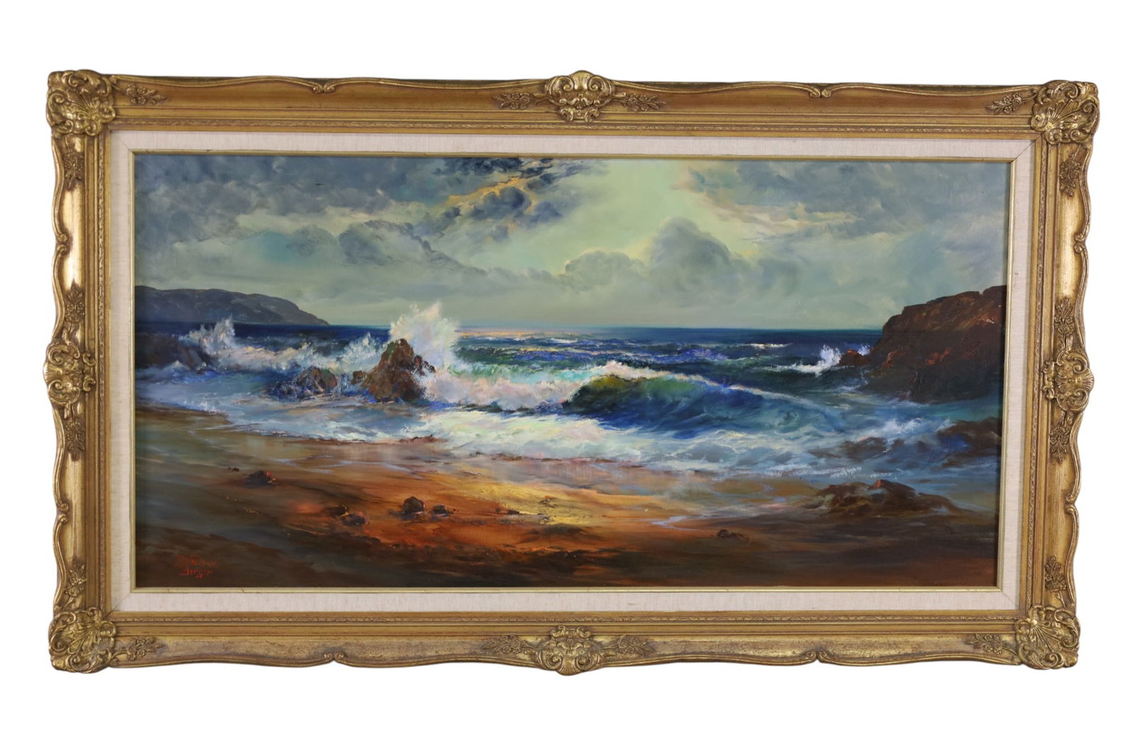 LARGE SEASCAPE PAINTING: OIL ON CANVAS, SIGNED LOWER LEFT, DEAN BERGER. 57" W x 32" H. THIS ITEM EXCEEDS SIZE LIMITATIONS FOR IN HOUSE SHIPPING, MUST BE PICKED UP IN HOUSE OR SHIPPED VIA 3rd PARTY GROUND SHIPPER.