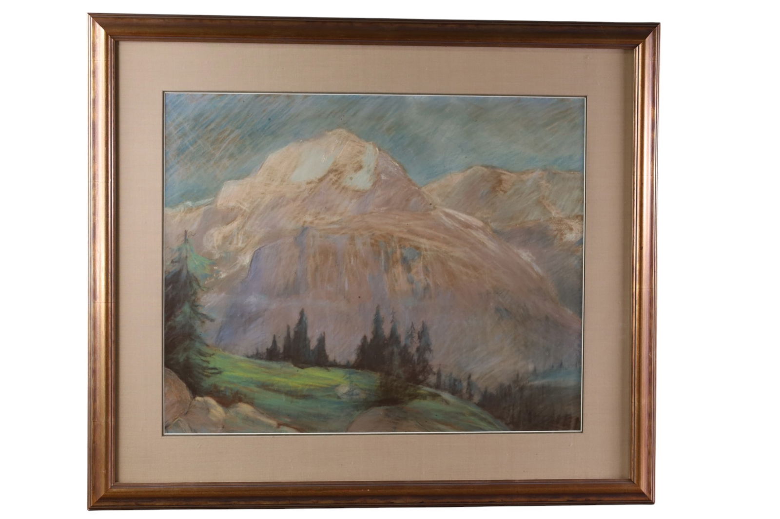 RAYMOND NOTT MOUNTAIN LANDSCAPE PASTEL: PASTEL FRAMED UNDER GLASS, SIGNED RAYMOND NOTT. 29 1/2" x 25"