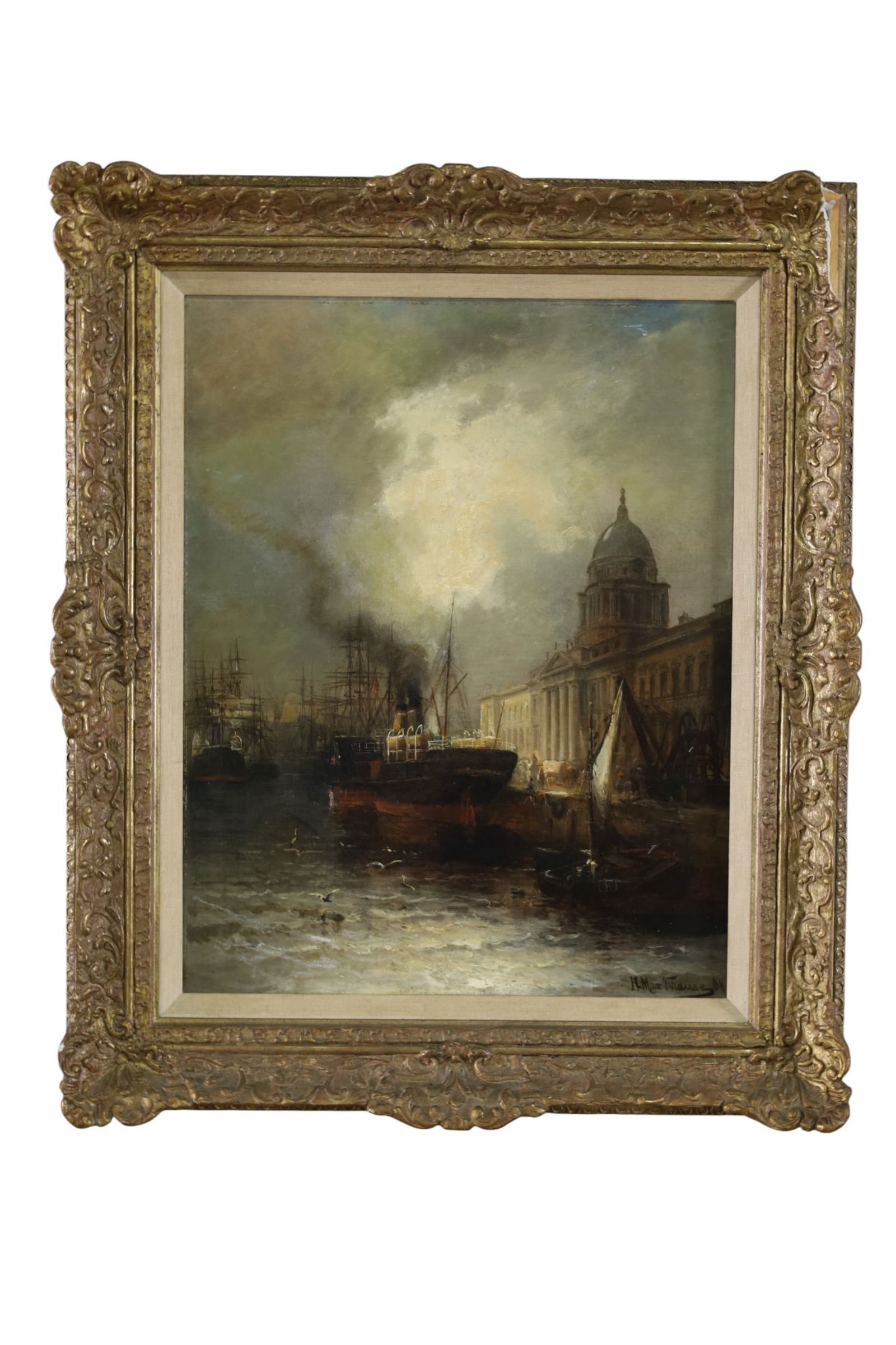 HEINRICH MAX KRAUSE OIL PAINTING: OIL ON CANVAS, TITLED DUBLIN CUSTOMS HOUSE. DATED 1884, DAMAGE TO FRAME. 22" x 26"