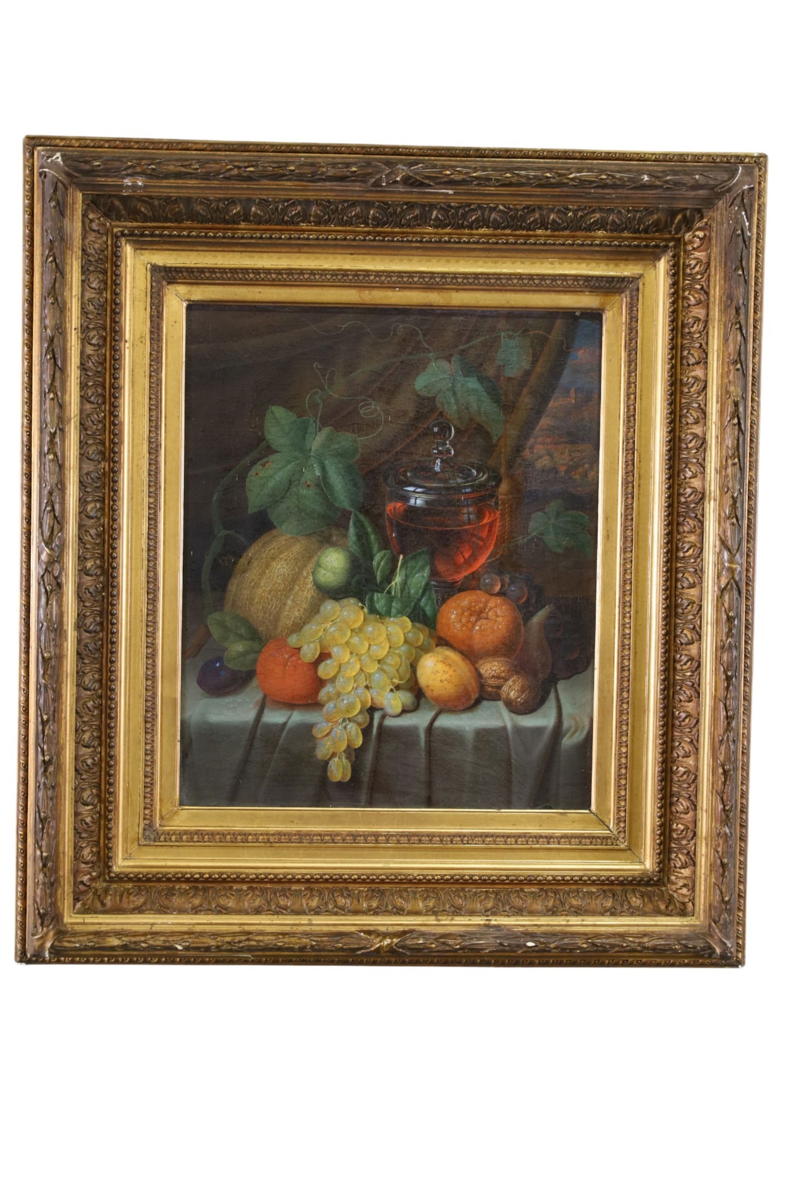19TH CENTURY STILL LIFE OIL PAINTING: OIL ON CANVAS, FRUIT STILL LIFE PAINTING, IN GILT FRAME. OLD RELINE. CRAZING. 24" x 27"