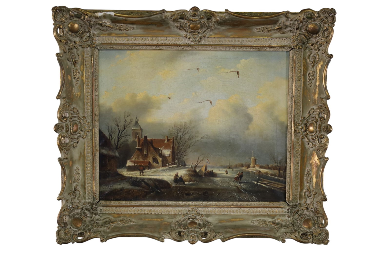 EUROPEAN WINTER SCENE: OIL ON CANVAS, SIGNED LOWER LEFT, IN GILT FRAME, EUROPEAN WINTER SCENE, SIGNED ILLEGIBLE. TEARS TO CANVAS, CRAZING. 31" x 27"