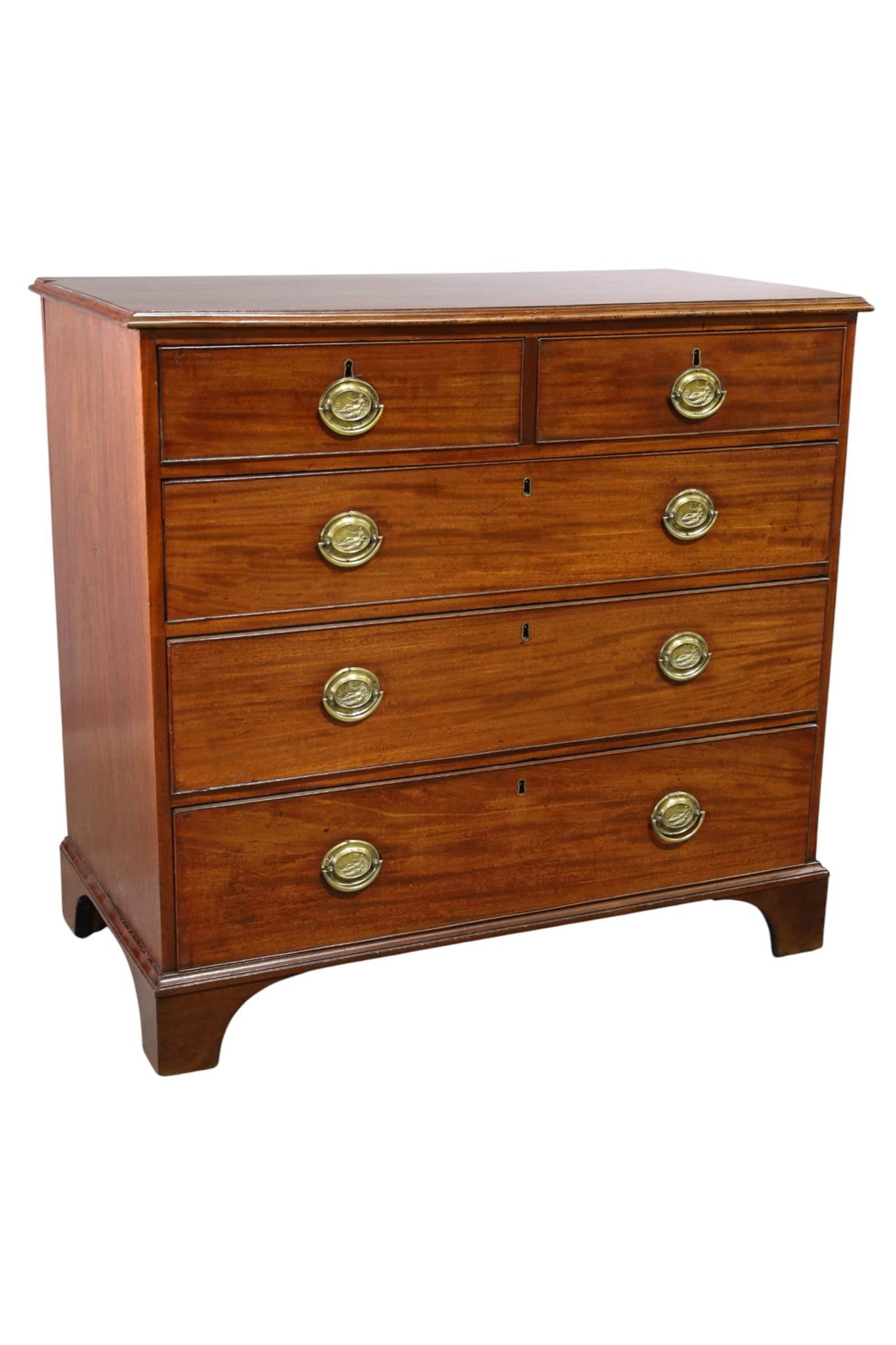 EARLY 19TH CENTURY GEORGIAN CHEST: 5 DRAWER MAHOGANY GEORGIAN CHEST, ORIGINAL HARDWARE, MISSING SOME TRIM. 42" W x 22" D x 39" H. THIS ITEM EXCEEDS SIZE LIMITATIONS FOR IN HOUSE SHIPPING, MUST BE PICKED UP IN HOUSE OR SHIPPED VIA