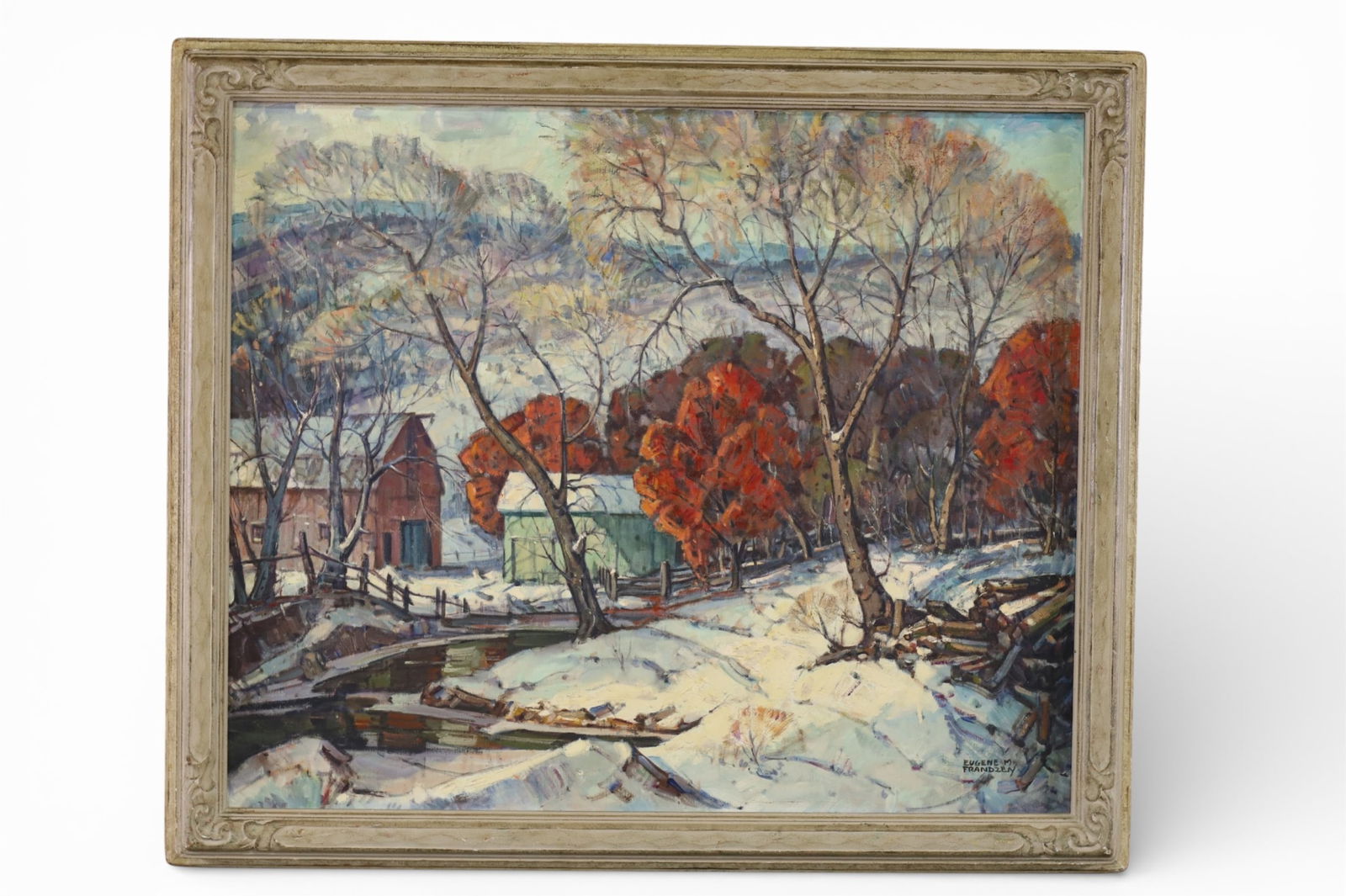WINTER COTTAGE SCENE: OIL ON CANVAS, WINTER COTTAGE SCENE, SIGNED EUGENE FRANDZEY. 41" x 35" IN FRAME