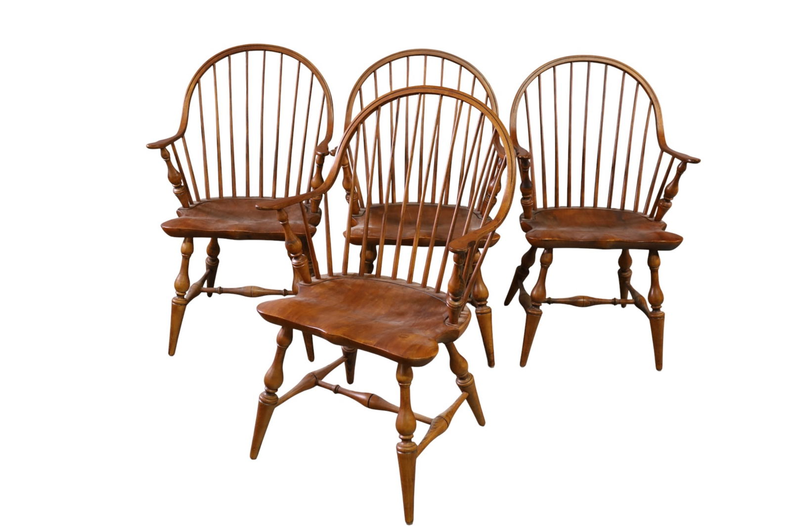 SET OF 4 HOOP BACK DINING CHAIRS: SET OF 4 SPINDLE BACK, HOOP BACK DINING CHAIRS. MINOR WEAR TO FINISH. 23" W x 21" D x 38" H. THIS ITEM EXCEEDS SIZE LIMITATIONS FOR IN HOUSE SHIPPING, MUST BE PICKED UP IN HOUSE OR SHIPPED VIA