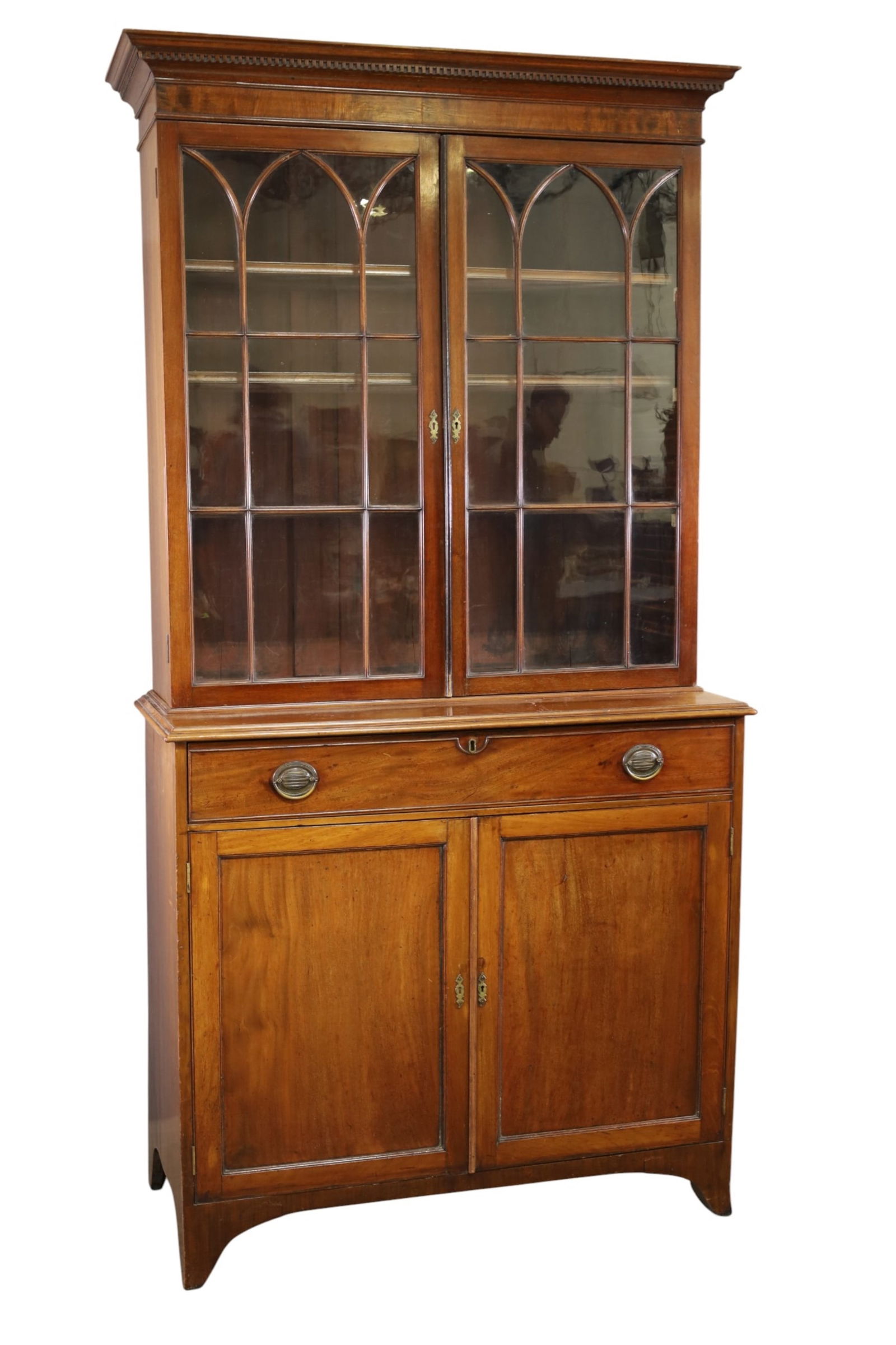 19TH CENTURY MAHOGANY SECRETARY: 2 PIECE MAHOGANY GEORGIAN SECRETARY, DROP DOWN FRONT DRAWER, BOOKCASE TOP. 42" W x 20" D x 84" H. THIS ITEM EXCEEDS SIZE LIMITATIONS FOR IN HOUSE SHIPPING, MUST BE PICKED UP IN HOUSE OR SHIPPED 