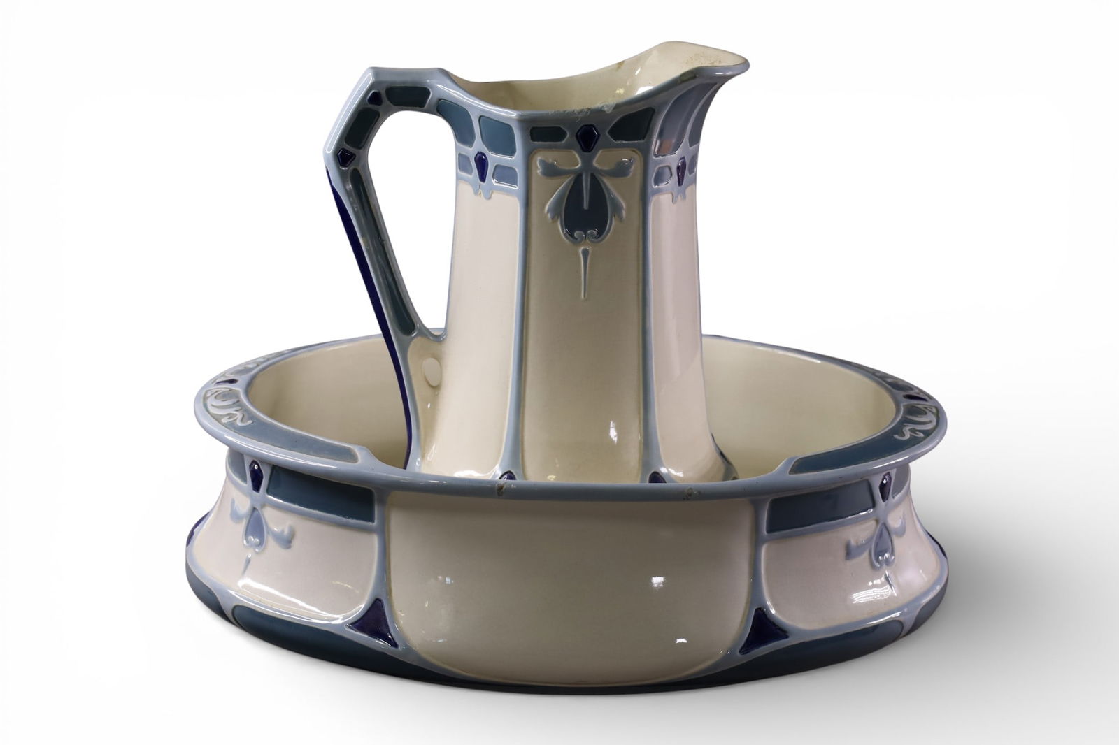 WASH BOWL SET: LARGE WASH BOWL & PITCHER, 19 1/2" DIAM & 6" H & 14 1/2" H.