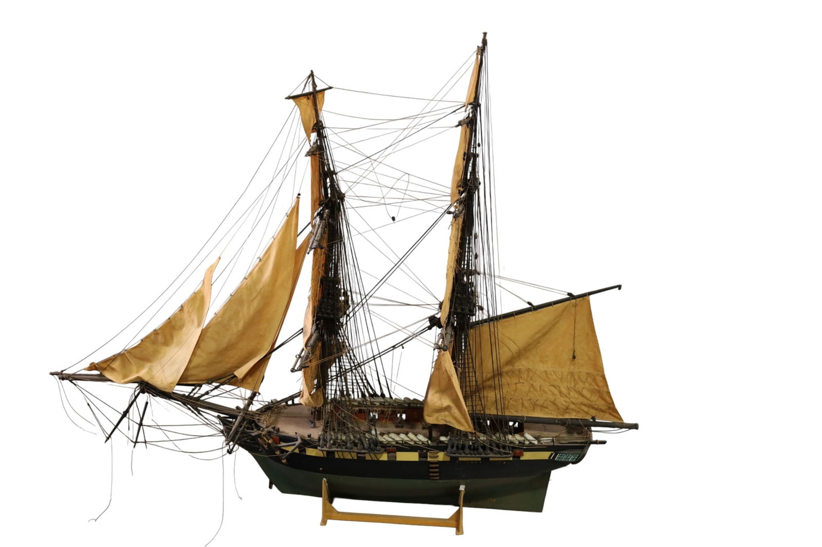HUGE BRIG MODEL SHIP: TWO MASTED SAILING SHIP MODEL, ON STAND, BROKEN AND MISSING PIECES. 73" L. x 57" H. THIS ITEM EXCEEDS SIZE LIMITATIONS FOR IN HOUSE SHIPPING, MUST BE PICKED UP IN HOUSE OR SHIPPED VIA 3rd PARTY