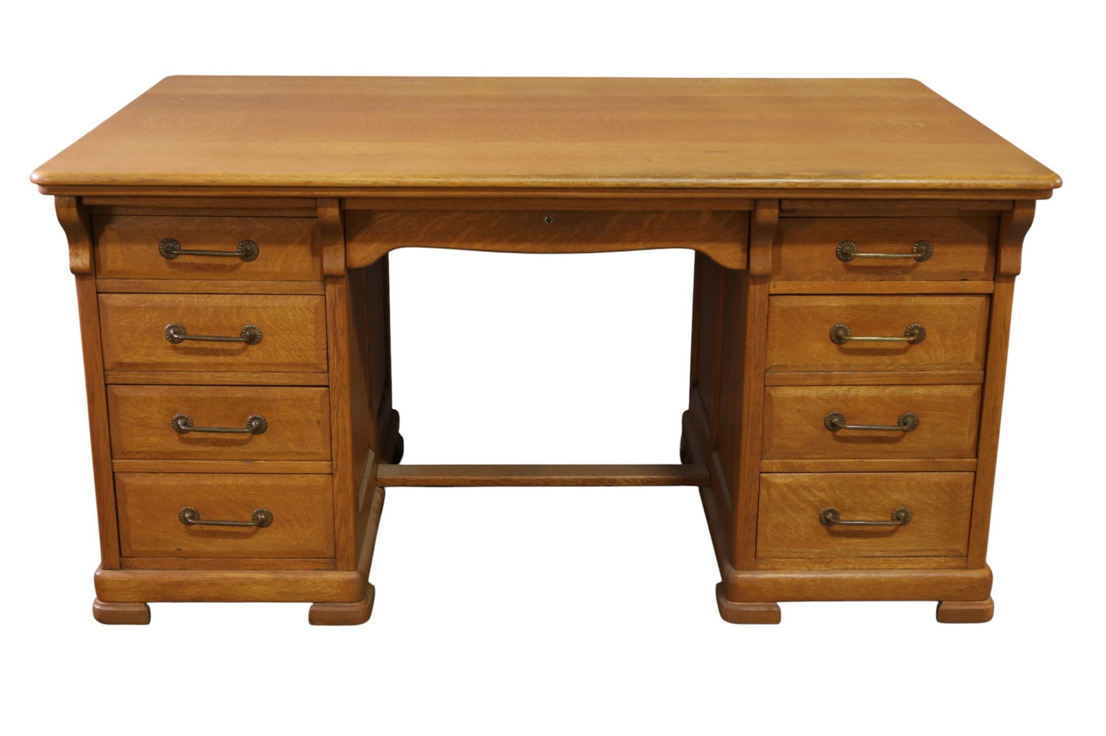 LARGE ANTIQUE OAK EXECUTIVE DESK: LARGE AMERICAN OAK EXECUTIVE DESK, 8 DRAWERS. PANELED SIDES. 60" W x 38" D x 30" H. THIS ITEM EXCEEDS SIZE LIMITATIONS FOR IN HOUSE SHIPPING, MUST BE PICKED UP IN HOUSE OR SHIPPED VIA 3rd PARTY