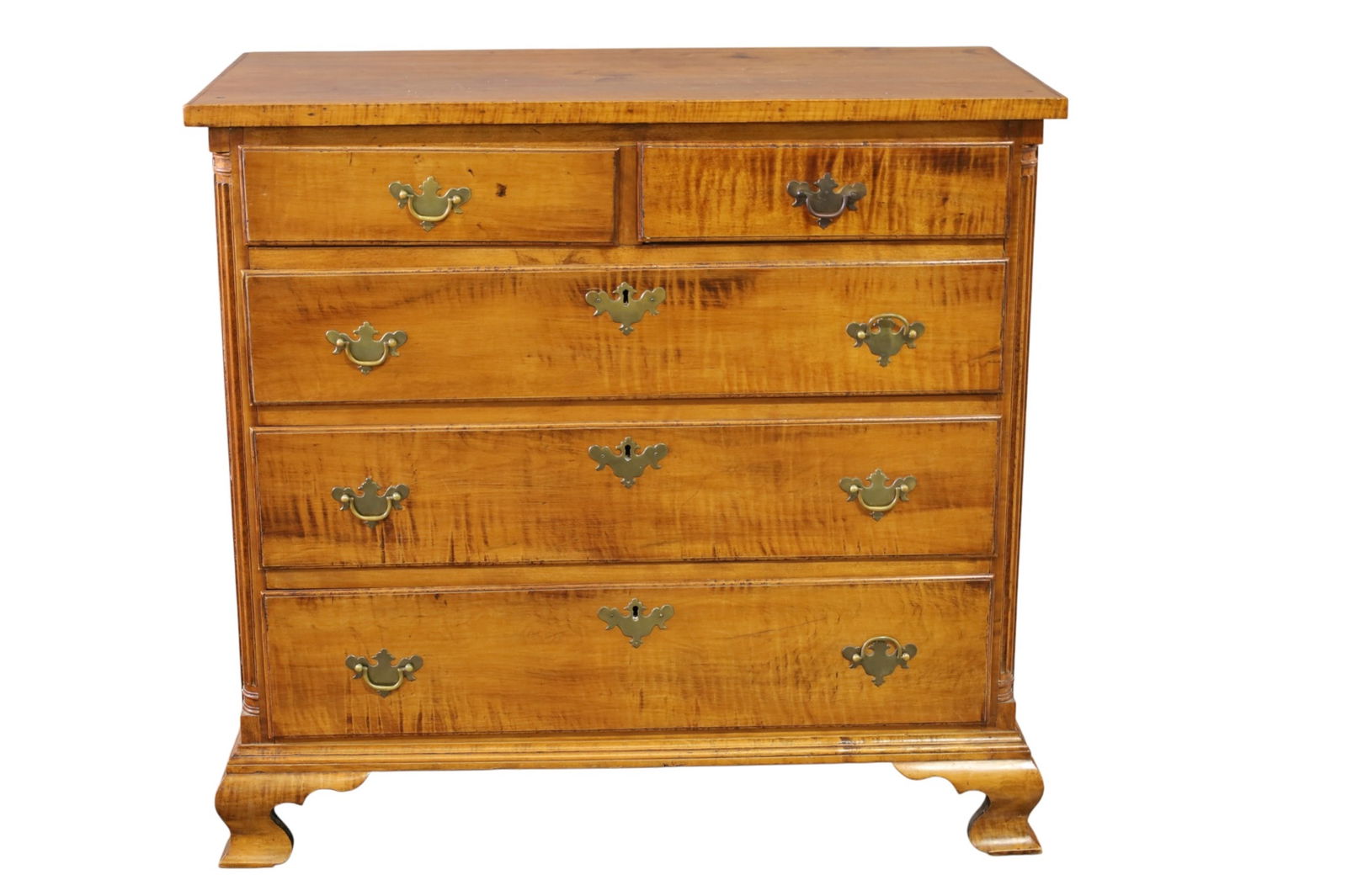 19TH CENTURY CHEST: 5 DRAWER 19TH CENTURY CURLY MAPLE CHEST OF DRAWERS. ORIGINAL HARDWARE. 37" W x 19" D x 35 H. THIS ITEM EXCEEDS SIZE LIMITATIONS FOR IN HOUSE SHIPPING, MUST BE PICKED UP IN HOUSE OR SHIPPED VIA