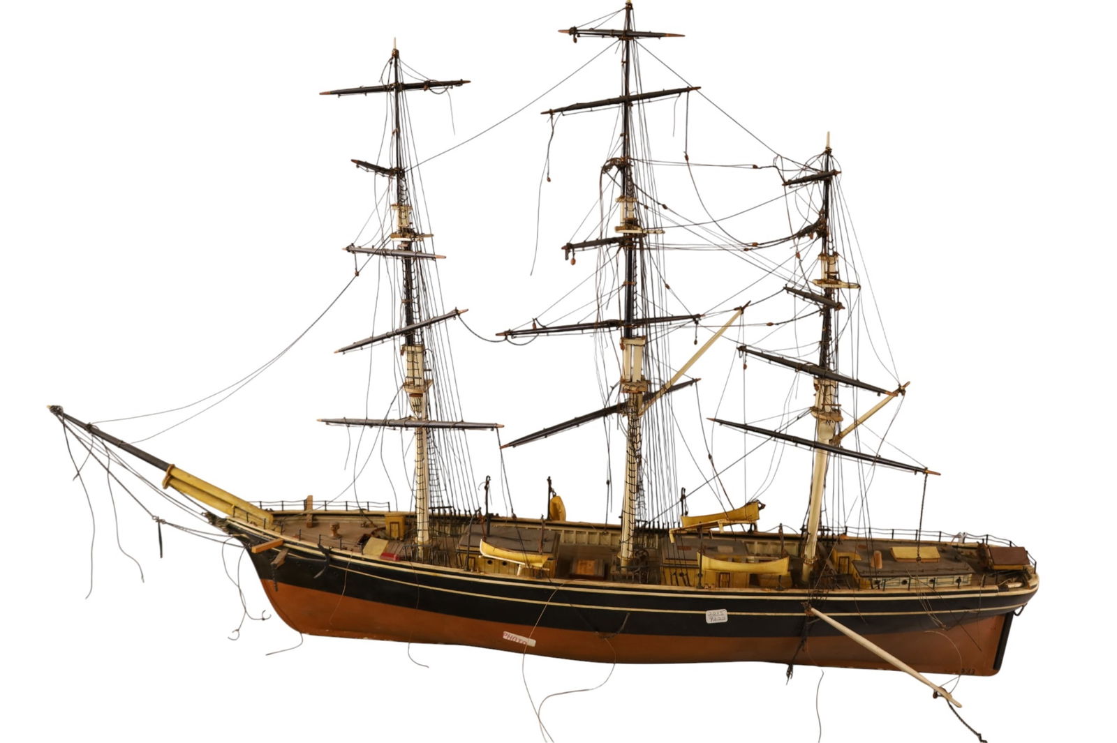 LARGE MODEL SHIP: 3 MAST MODEL SHIP, NO STAND. MISSING AND BROKEN PIECES. 38" L x 27" H. THIS ITEM EXCEEDS SIZE LIMITATIONS FOR IN HOUSE SHIPPING, MUST BE PICKED UP IN HOUSE OR SHIPPED VIA 3rd PARTY GROUND 
