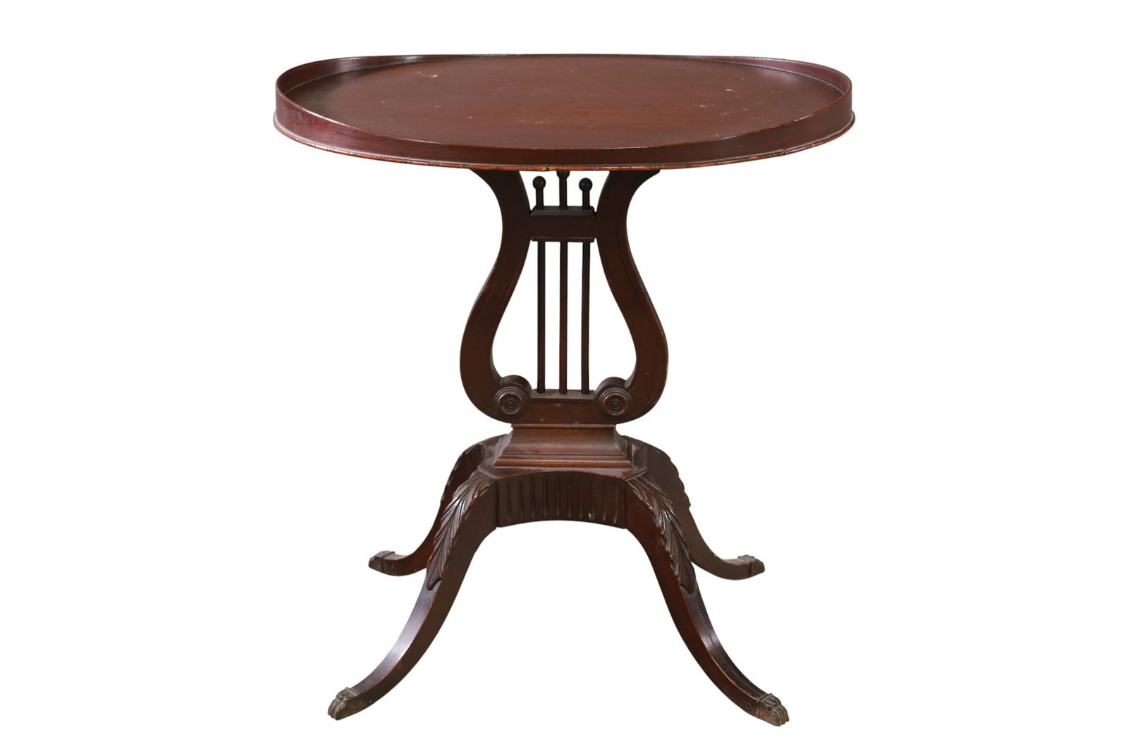 MAHOGANY LAMP TABLE: LYRE BASE MAHOGANY LAMP TABLE, WEAR TO FINISH 24" W x 18" D x 27" H. THIS ITEM EXCEEDS SIZE LIMITATIONS FOR IN HOUSE SHIPPING, MUST BE PICKED UP IN HOUSE OR SHIPPED VIA 3rd PARTY GROUND SHIPPER.