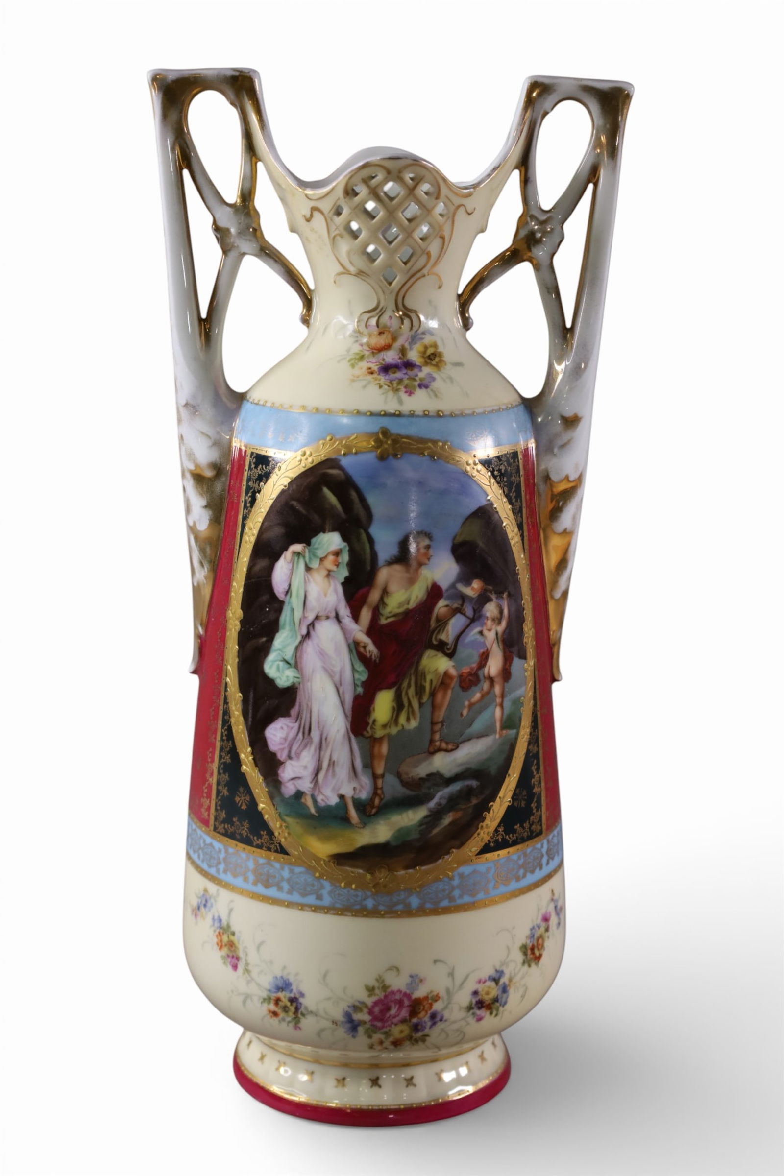 ROYAL VIENNA PORTRAIT VASE: TALL HAND PAINTED PORCELAIN ROYAL VIENNA PORTRAIT VASE, 15" H.