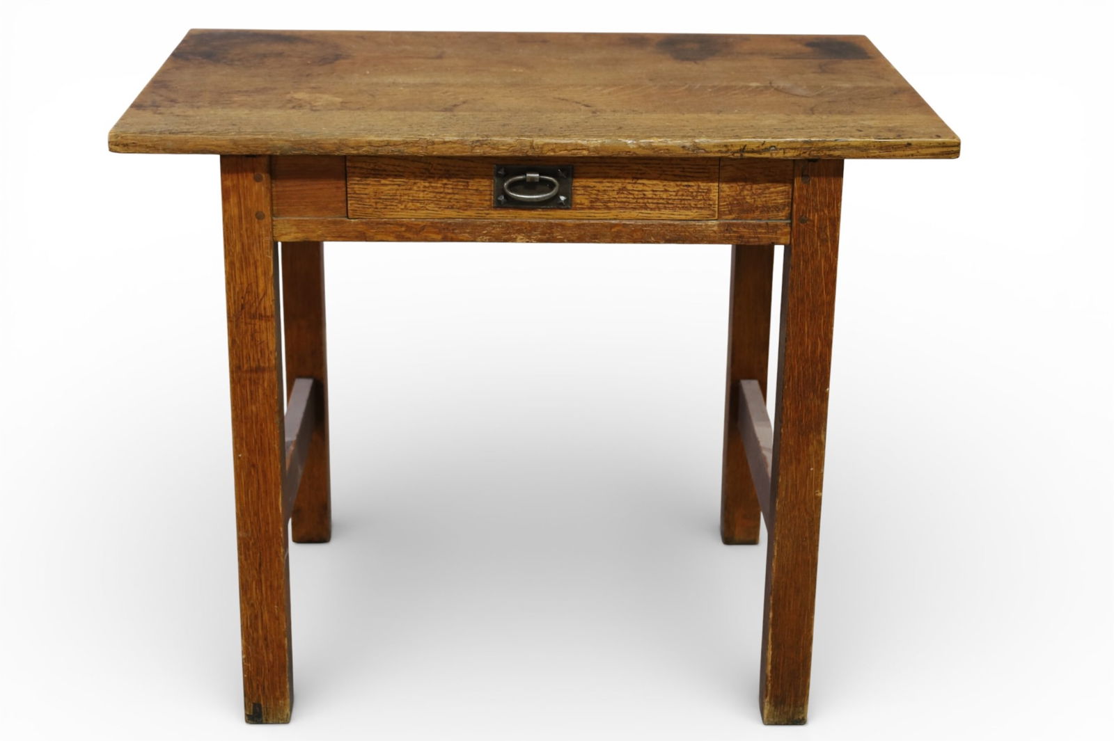 GUSTAV STICKLEY DESK: MARKED 652 ARTS & CRAFTS MISSION OAK DESK, ATTRIBUTED TO GUSTAV STICKLEY, MISSING STRETCHER. WEAR TO FINISH, CHIP TO EDGE. 36" W x 24" D x 29" H. THIS ITEM EXCEEDS SIZE LIMITATIONS FOR IN HOUSE