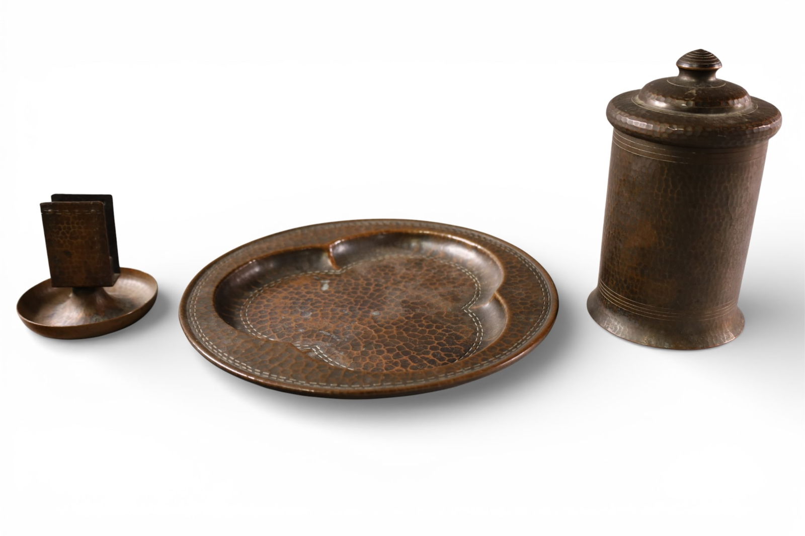 3 PIECES OF ARTS & CRAFTS COPPER: HAND POUNDED COPPER HUMIDOR MARKED OLD MISSION KOPPERKRAFT SAN FRANCISCO, TRAY, & MATCH HOLDER. 3 1/2" - 10" DIAM.