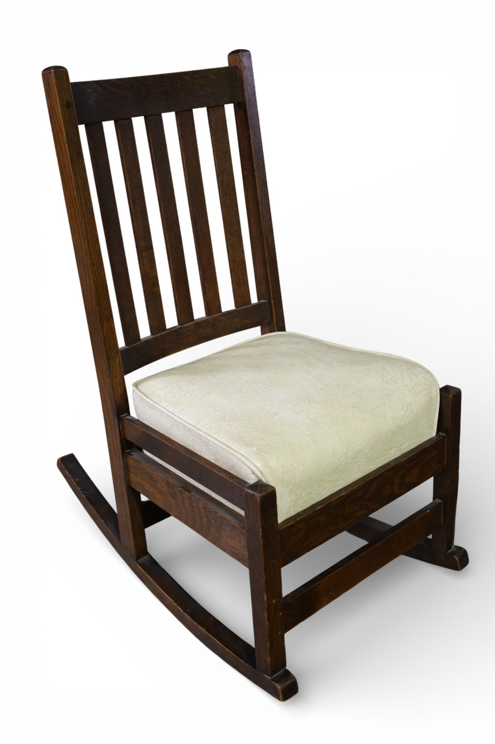 1910'S STICKLEY STYLE ROCKER: MISSION OAK, ARTS & CRAFTS STICKLEY STYLE ROCKER, 18" W x 27" D x 33" H. THIS ITEM EXCEEDS SIZE LIMITATIONS FOR IN HOUSE SHIPPING, MUST BE PICKED UP IN HOUSE OR SHIPPED VIA 3rd PARTY GROUND 