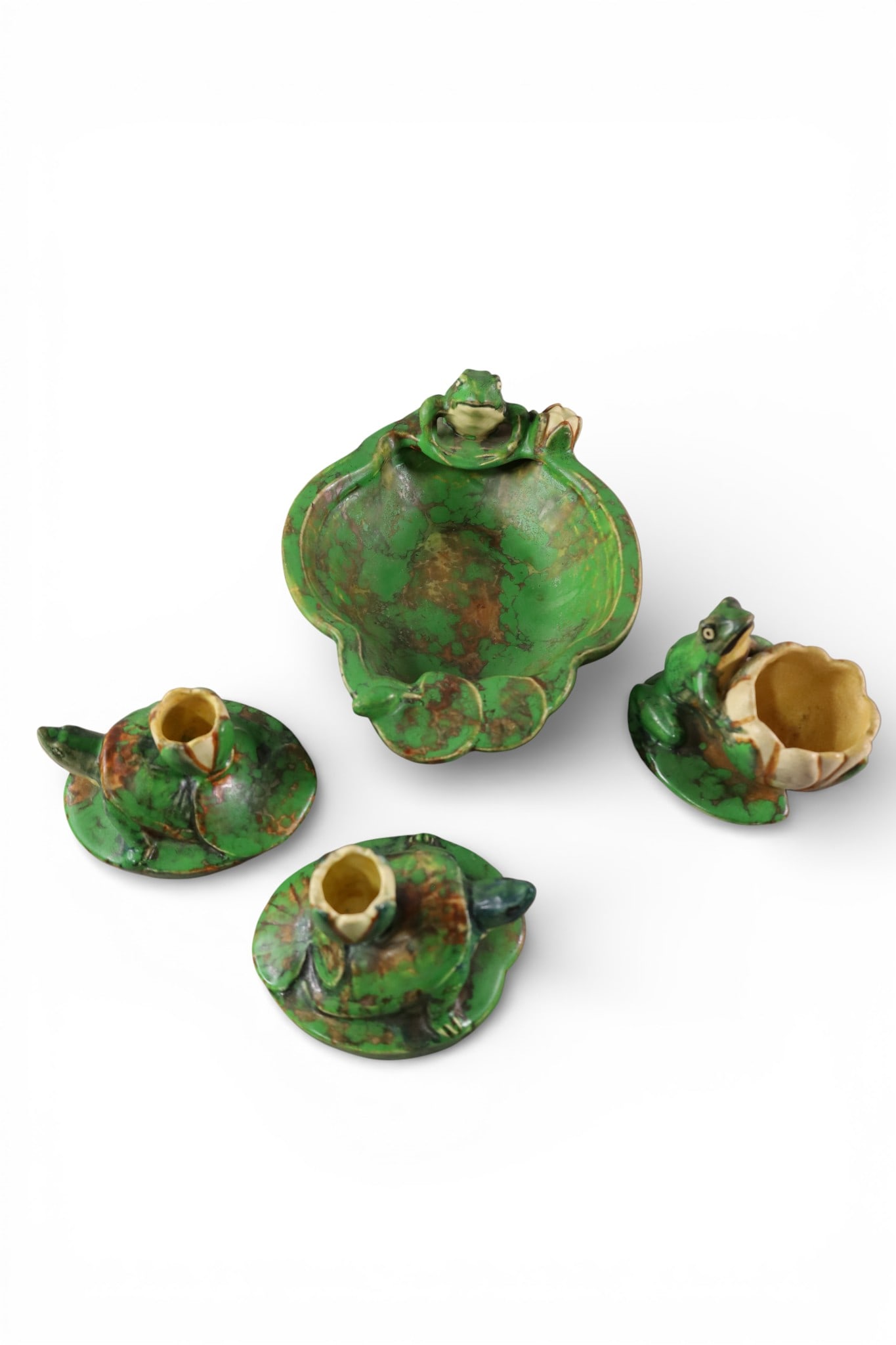 4 PIECES OF WELLER COPPERTONE: WELLER COPPERTONE POTTERY, CENTER BOWL FROG BOWL, & PAIR OR TURTLE CANDLESTICKS. 4" - 10" H.