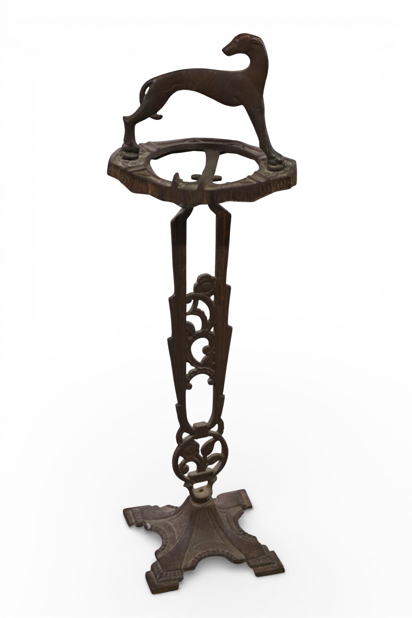 CAST IRON SMOKESTAND: ART NOUVEAU GREYHOUND SMOKESTAND, MISSING INSERT. 27" H.